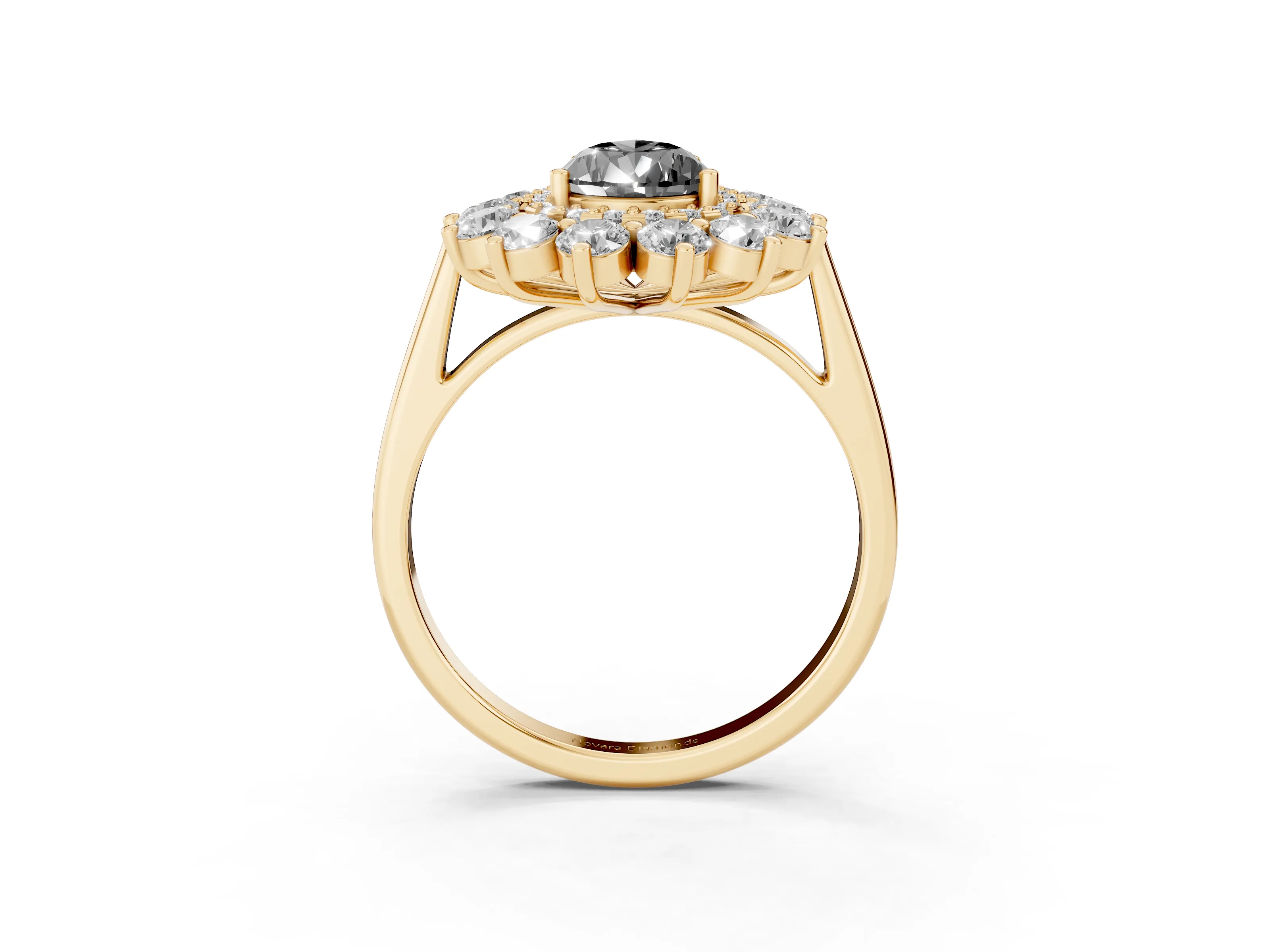 Fancy Black Pear Cut Diamond Floral Double Halo Ring Set in Yellow gold with Round Petals