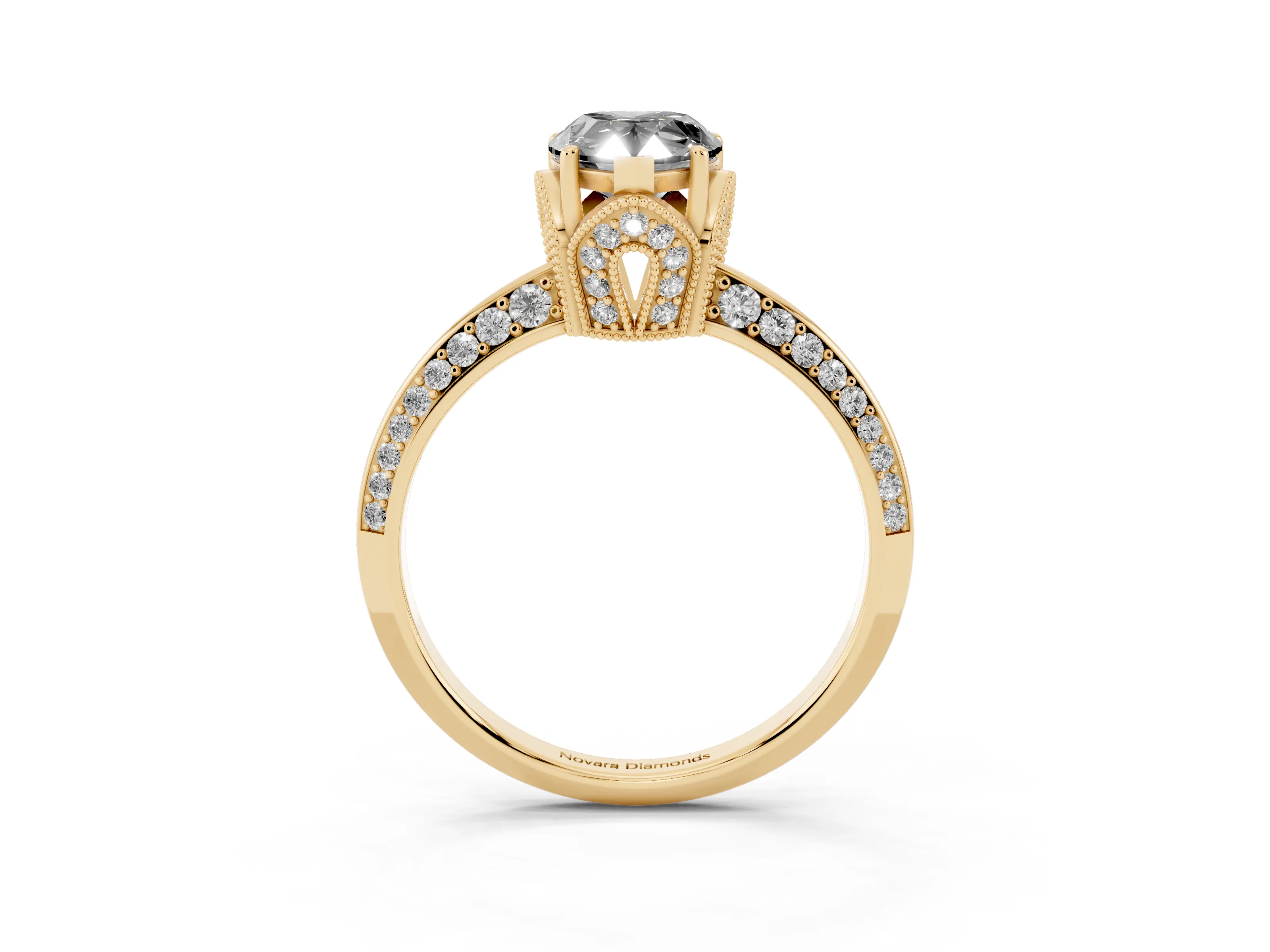 Fancy Black Pear Cut Diamond Solitaire Engagement Ring Set in Yellow gold with Pavé Split Shank and Prong Setting
