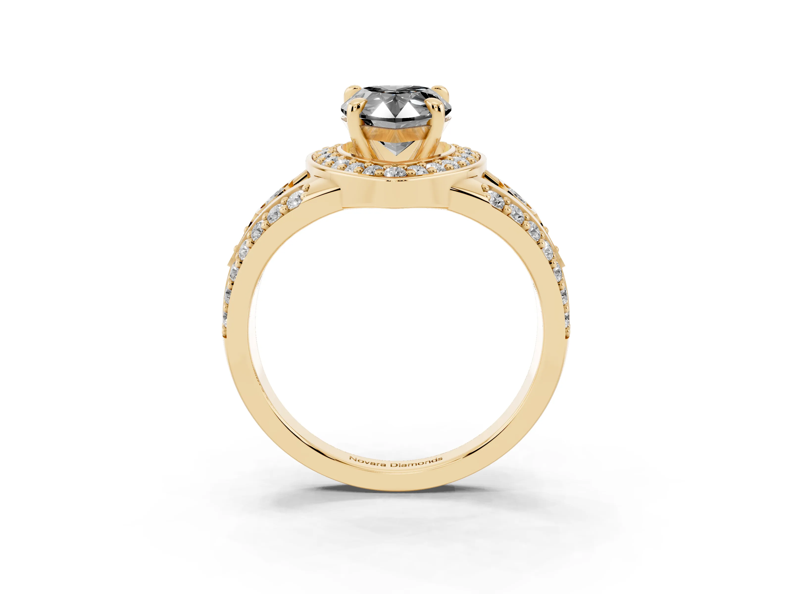 Fancy Black Pear Cut Diamond Halo Ring Set in Yellow gold with Pavé Split Shank and Bezel Accents
