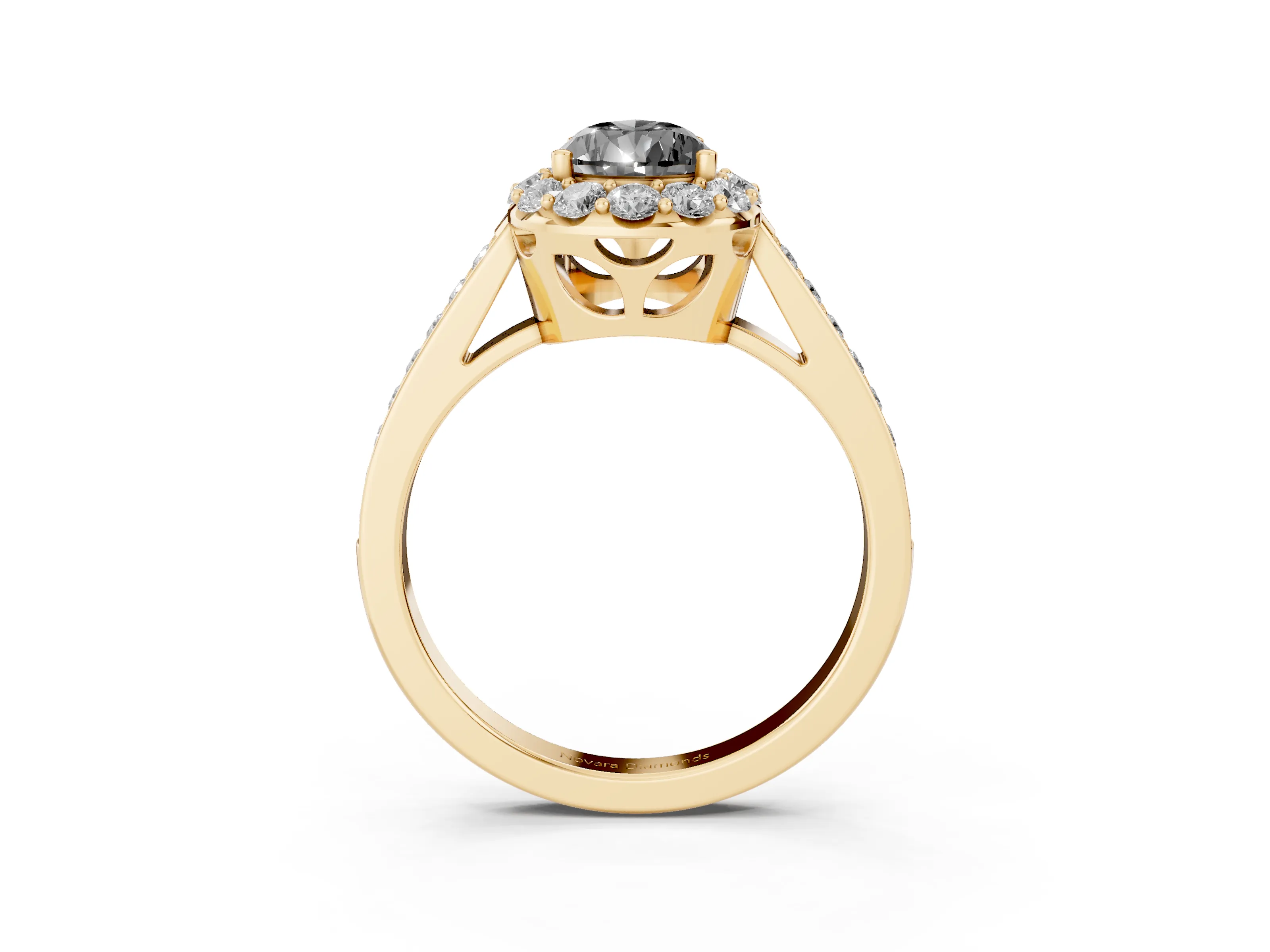 Fancy Black Pear Cut Diamond Floral Halo Ring Set in Yellow gold with Pavé Band and Prong Setting