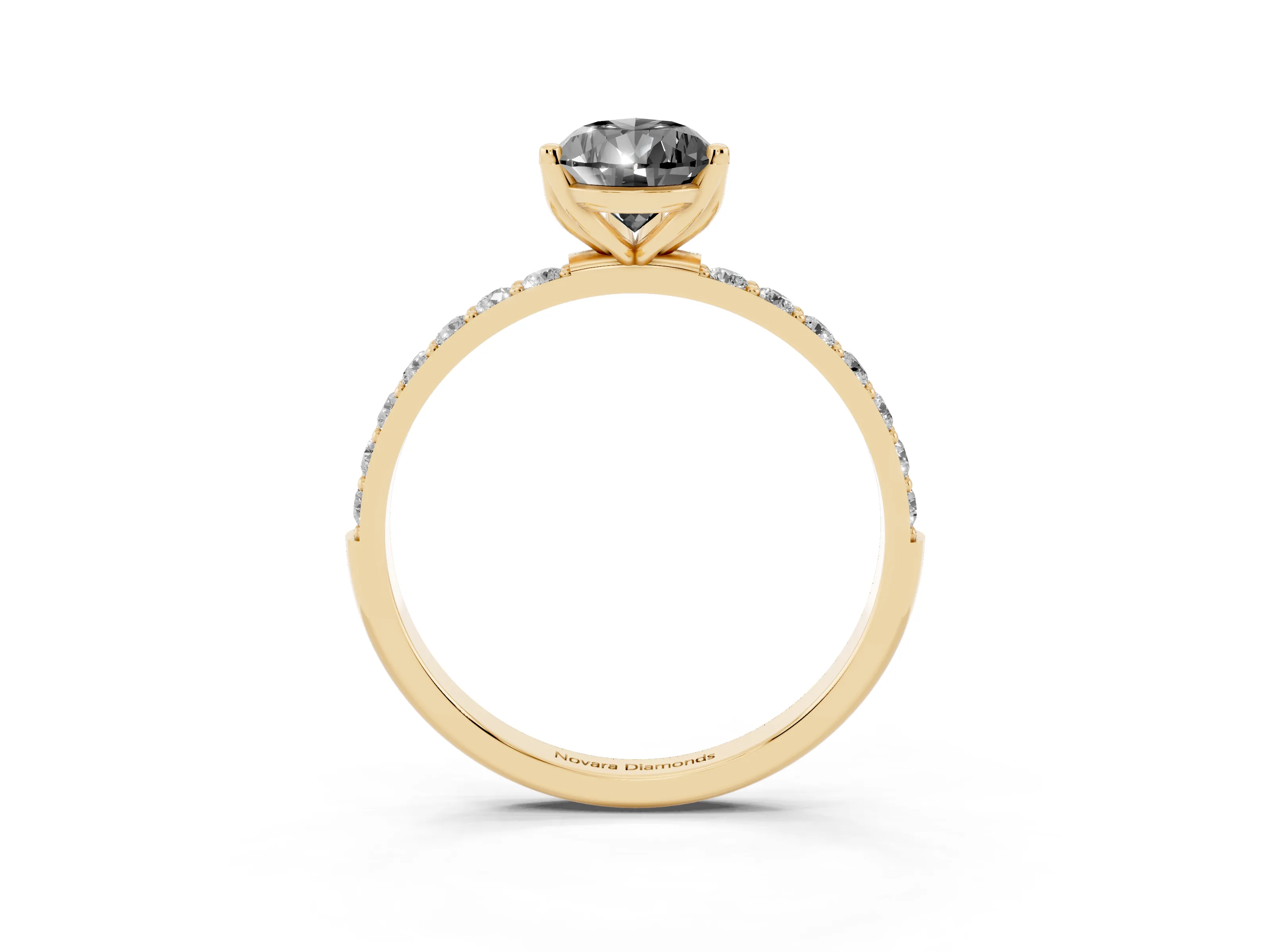 Fancy Black Pear Cut Diamond Solitaire Engagement Ring Set in Yellow gold with Round Pavé Band and Prong Setting
