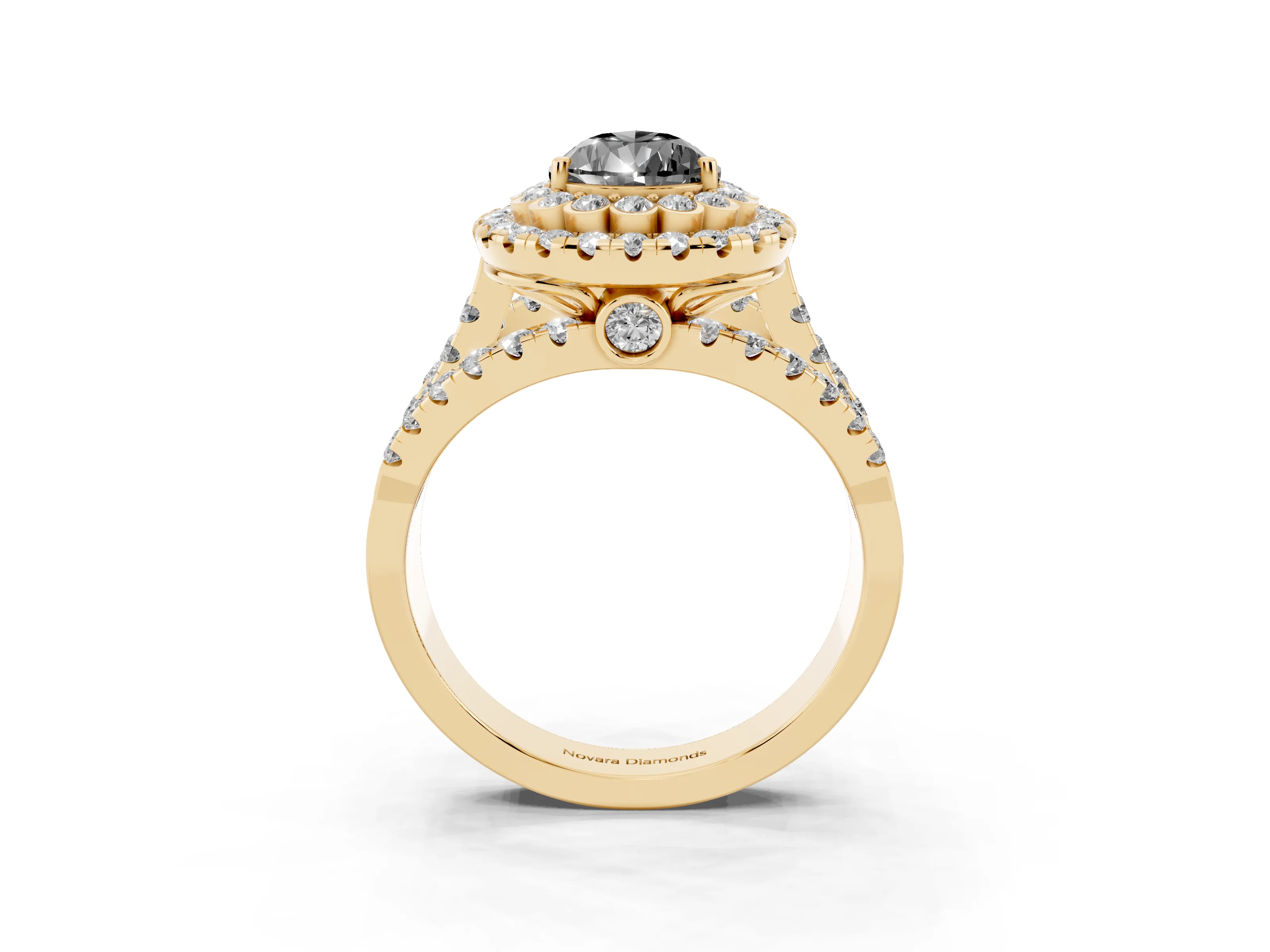Fancy Black Pear Cut Diamond Double Halo Ring Set in Yellow gold with Round Pavé Split Shank
