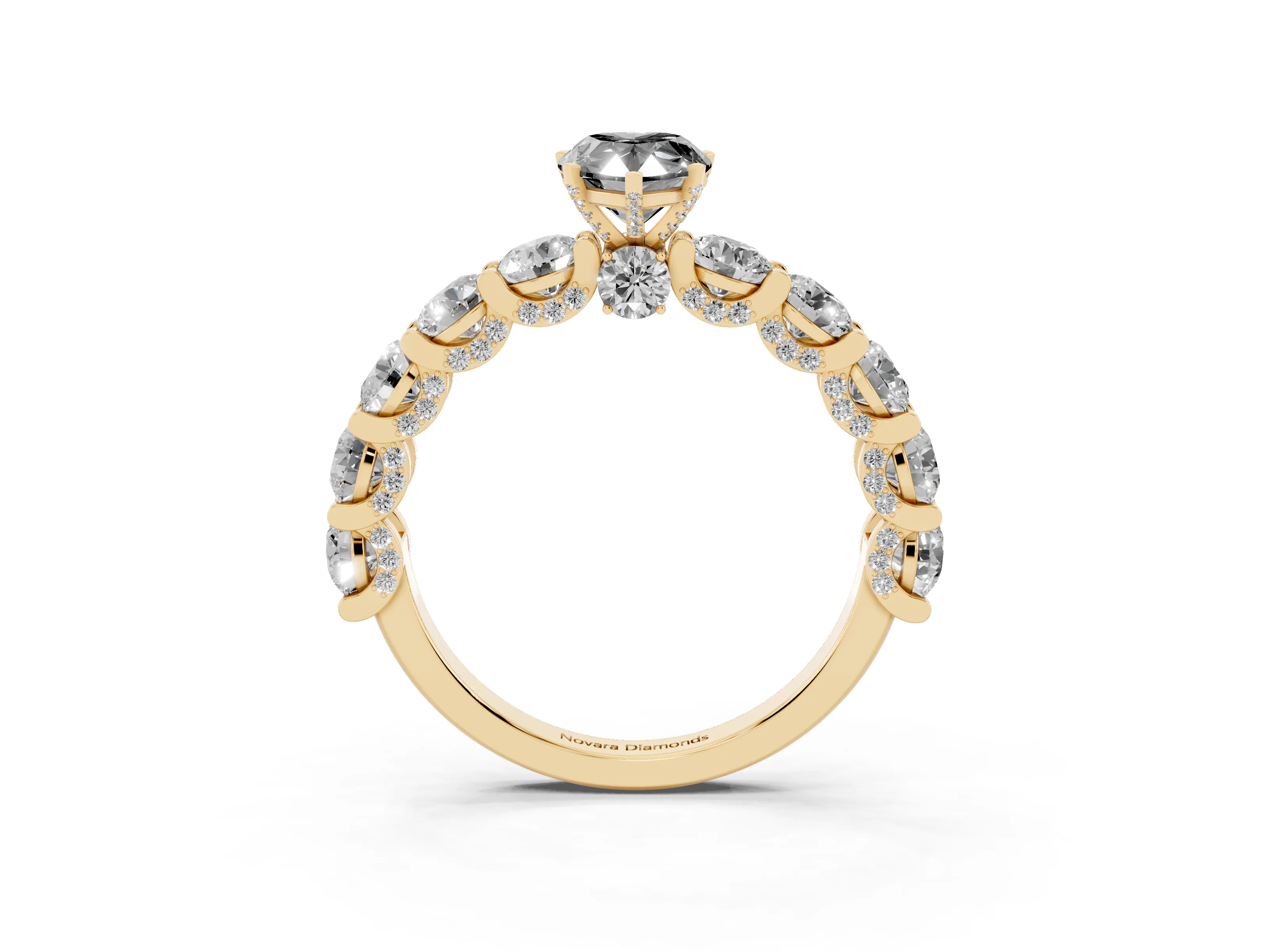 Fancy Black Pear Cut Diamond Side Stone Ring Set in Yellow gold with Alternating Round and Oval Side Stones