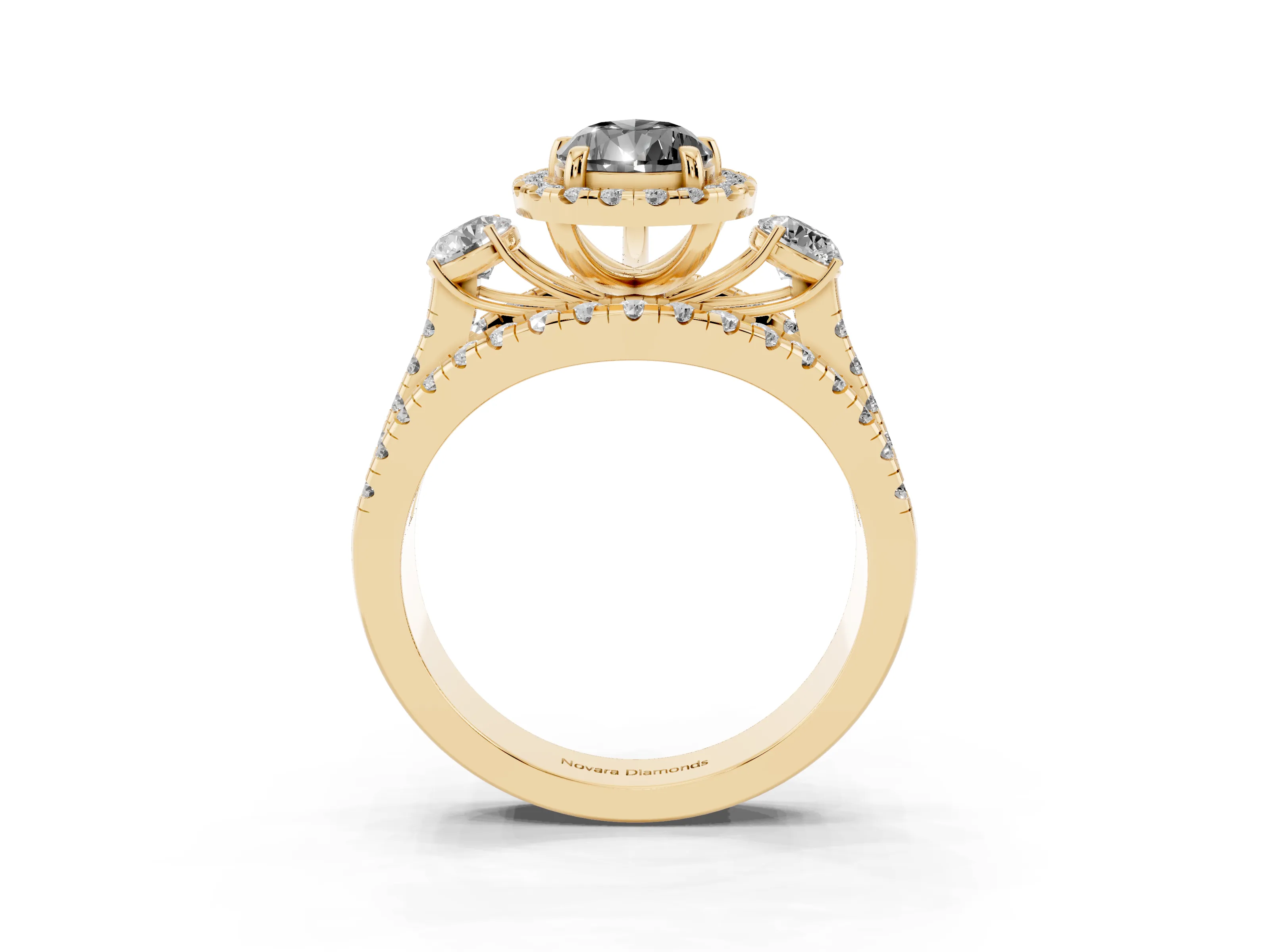 Fancy Black Pear Cut Diamond Halo Split Shank Ring Set in Yellow gold with Round Accent Stones and Prong Setting