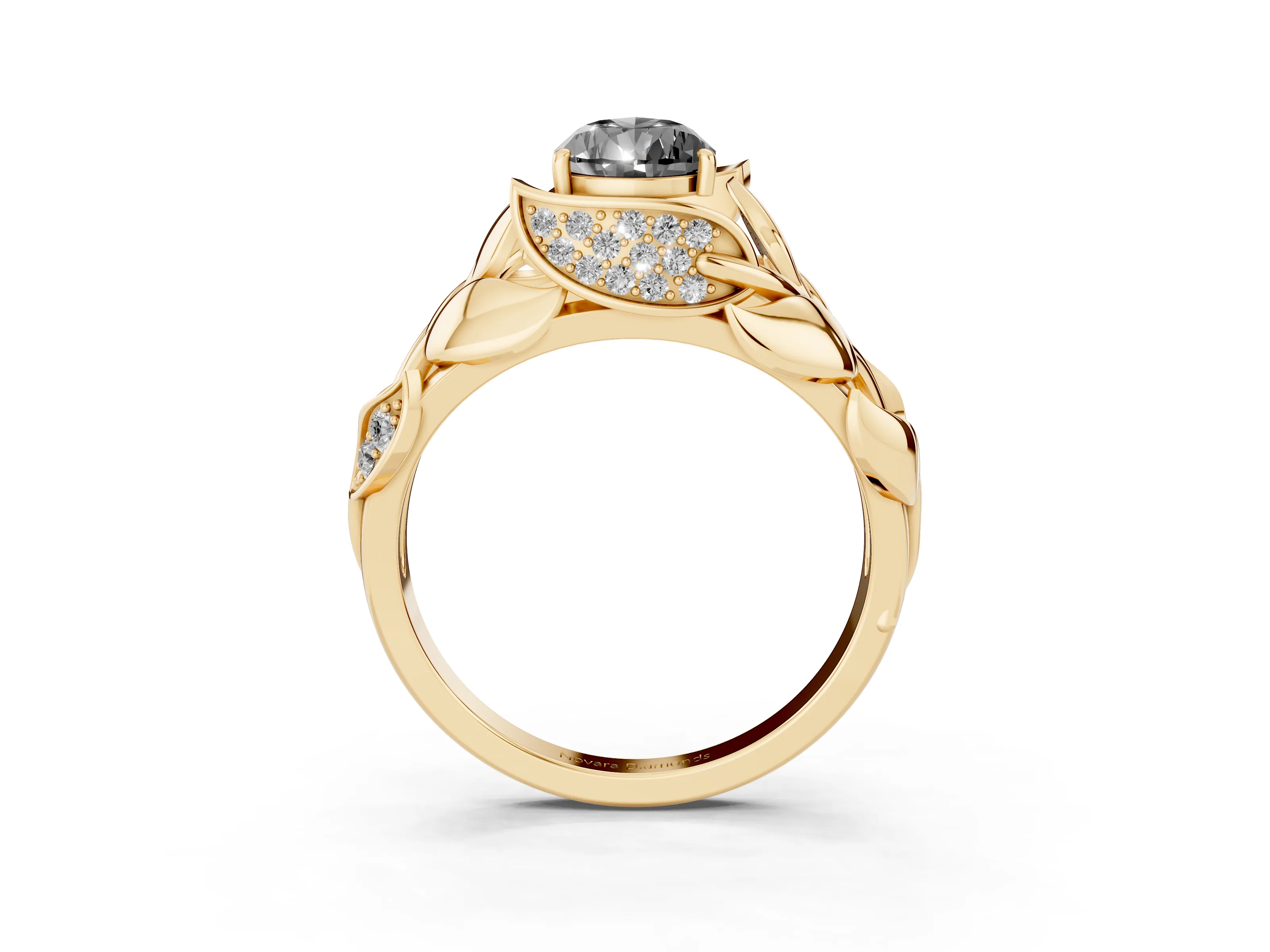 Fancy Black Pear Cut Diamond Leaf-Inspired Engagement Ring Set in Yellow gold with Round Accents