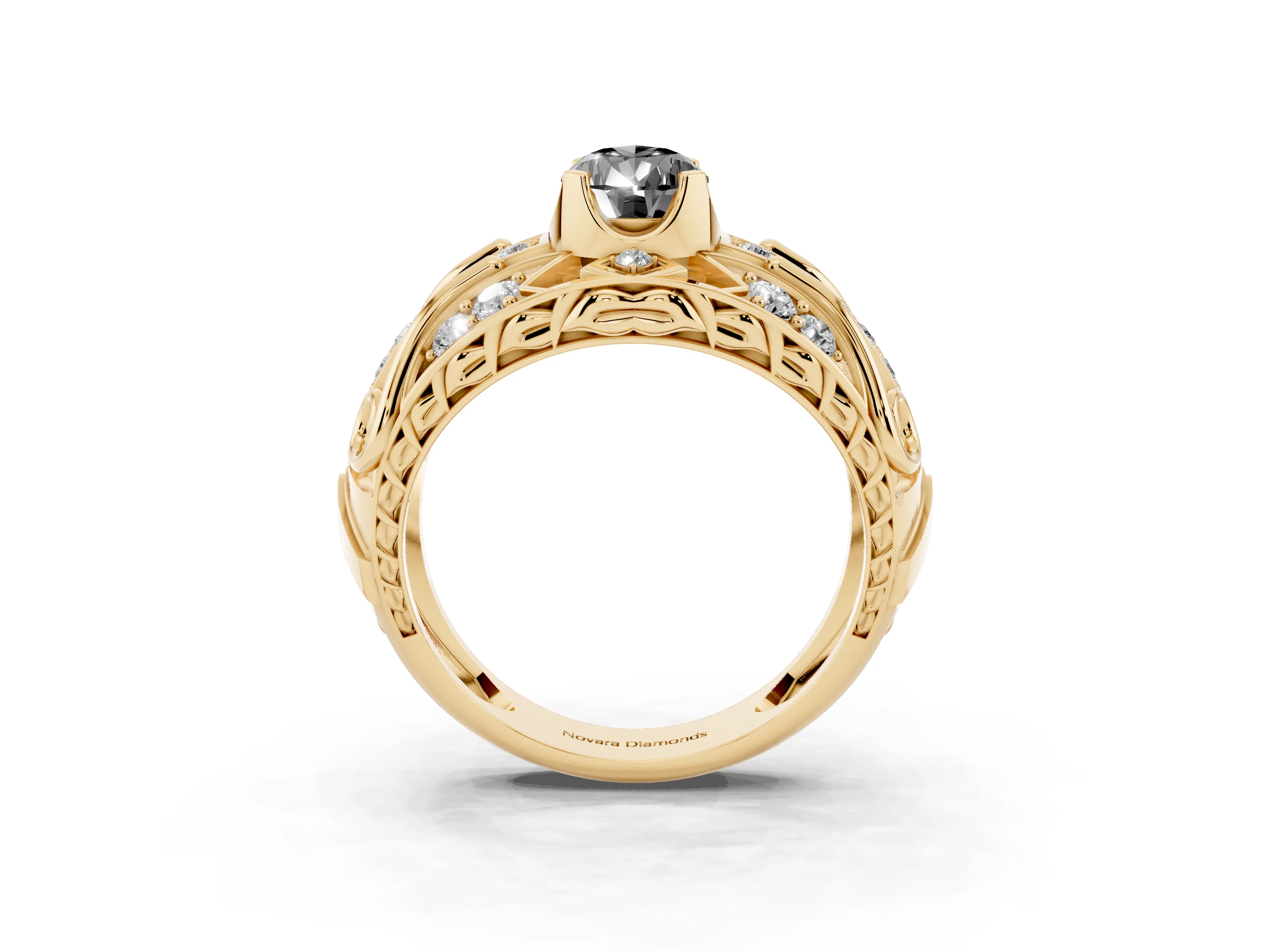 Fancy Black Pear Cut Diamond Art Deco Ring Set in Yellow gold with Pavé Split Shank