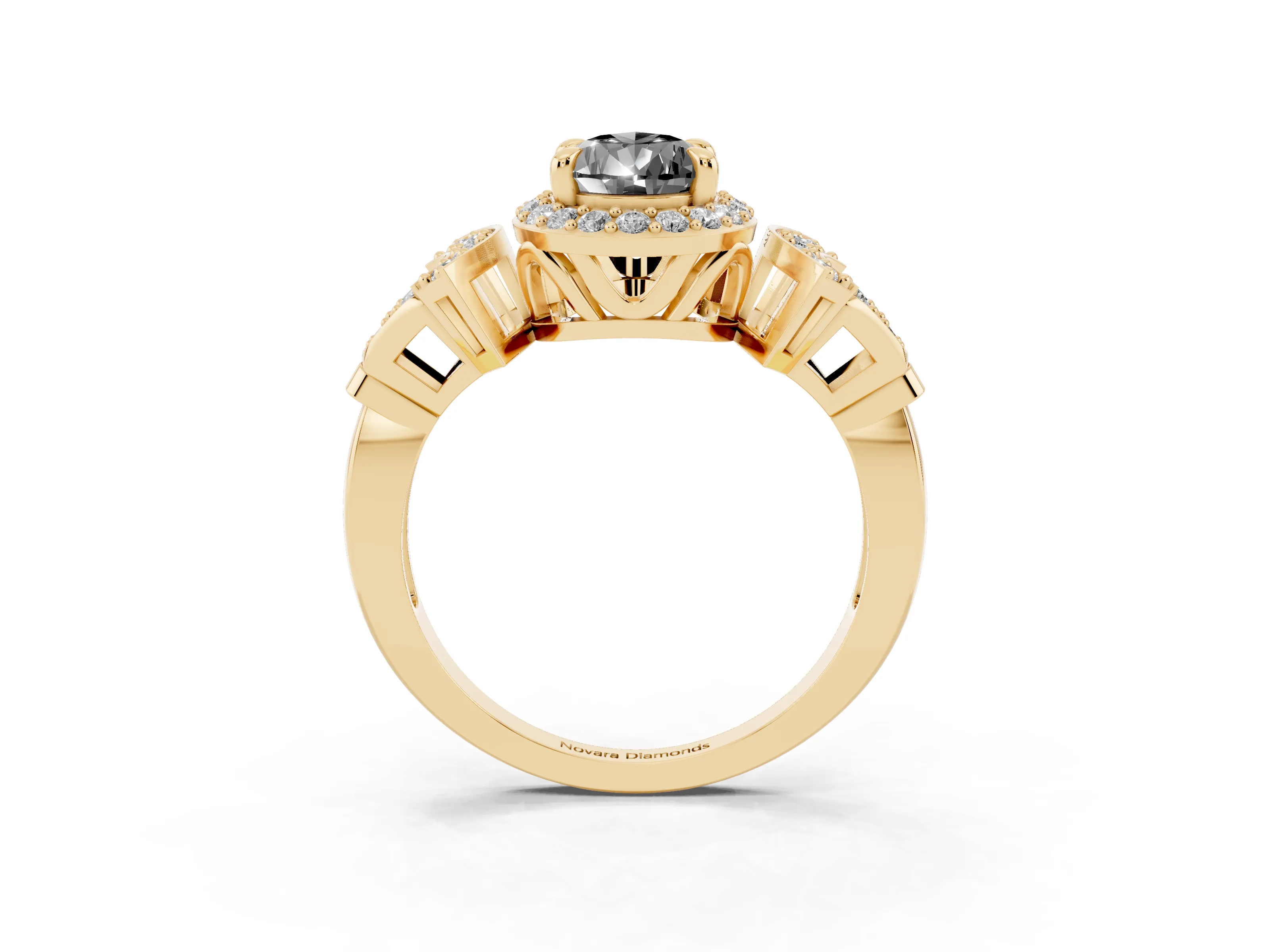 Fancy Black Pear Cut Diamond Halo Engagement Ring Set in Yellow gold with Accent Stone Split Shank
