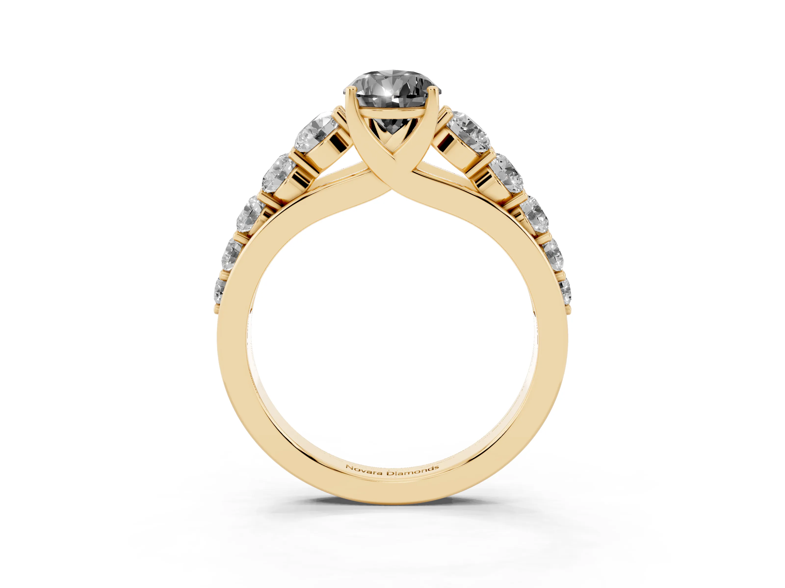 Fancy Black Pear Cut Diamond Solitaire Ring Set in Yellow gold with Pavé-Set Band and Prong Setting