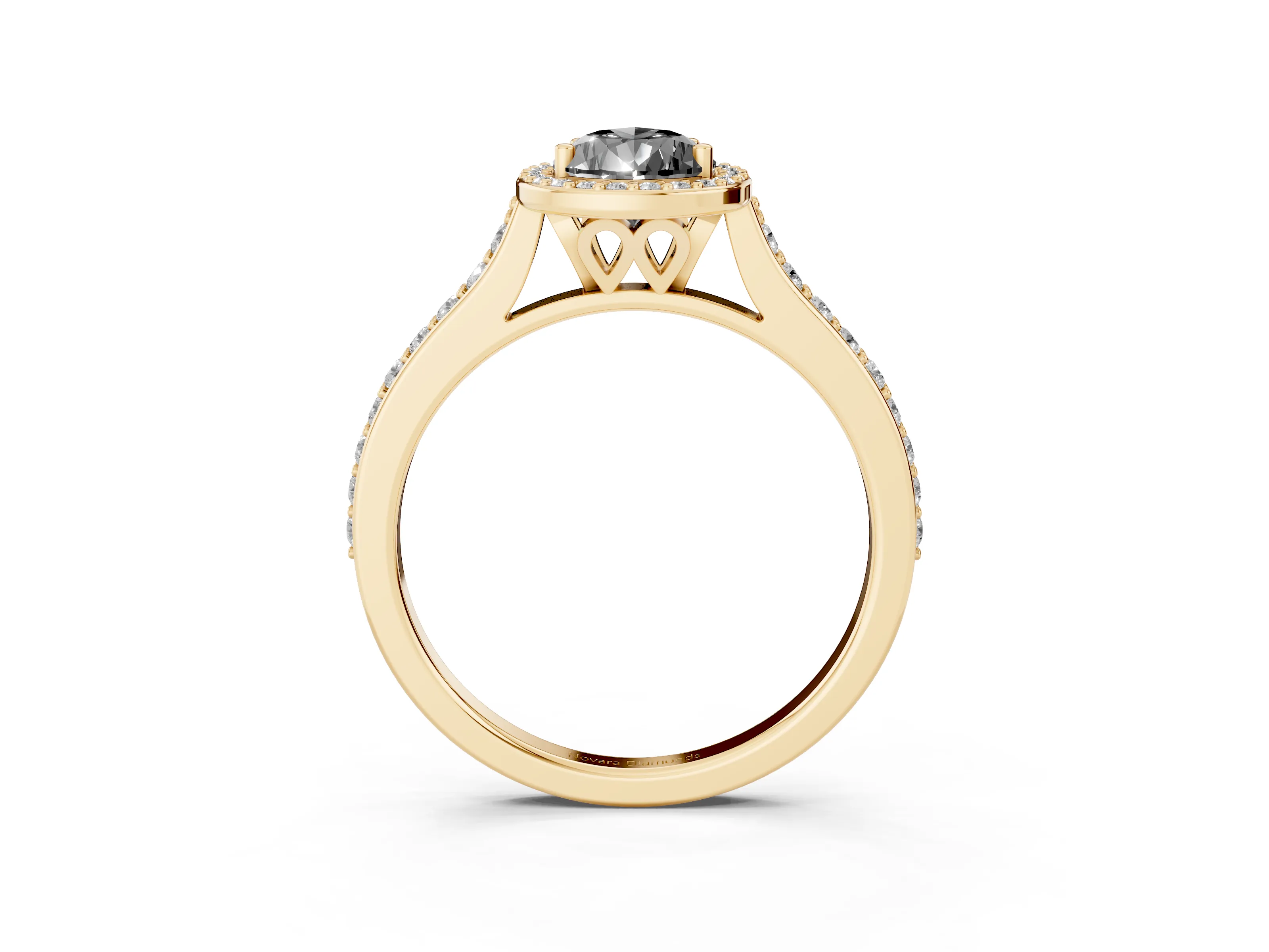 Fancy Black Pear Cut Diamond Halo Engagement Ring Set in Yellow gold with Round Pavé Shoulders and Heart Gallery