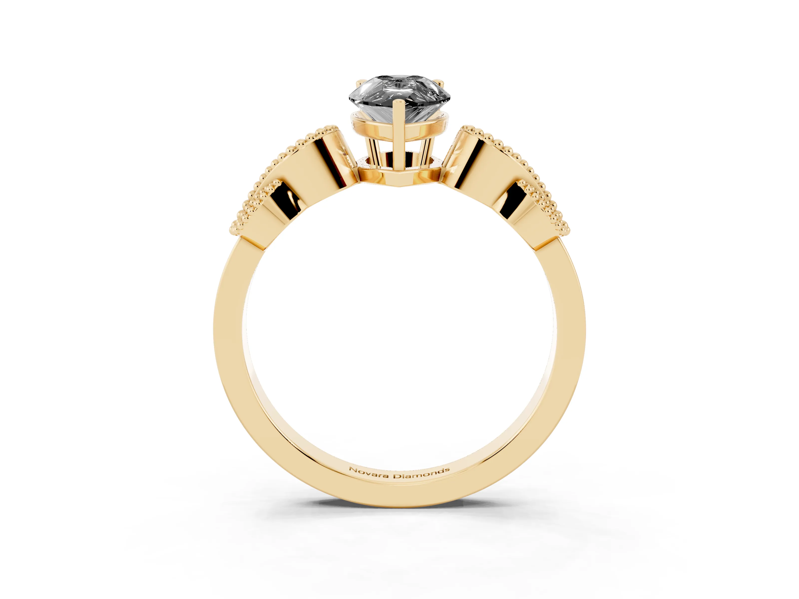 Fancy Black Pear Cut Diamond Milgrain Leaf Band Solitaire Ring Set in Yellow gold with Accent Stones and Prong Setting