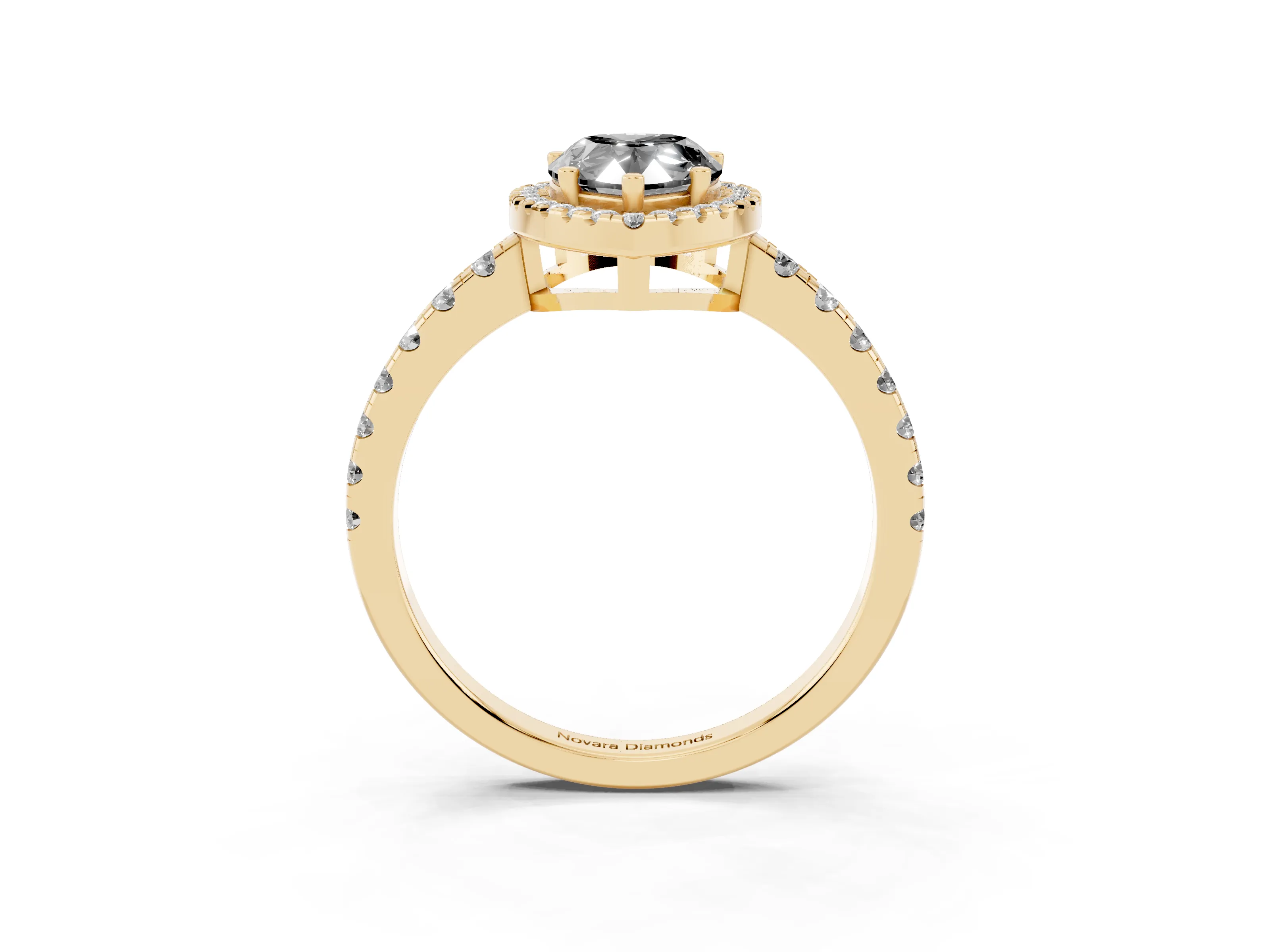 Fancy Black Pear Cut Diamond Halo Ring Set in Yellow gold with Delicate Pavé Band and Prong Setting