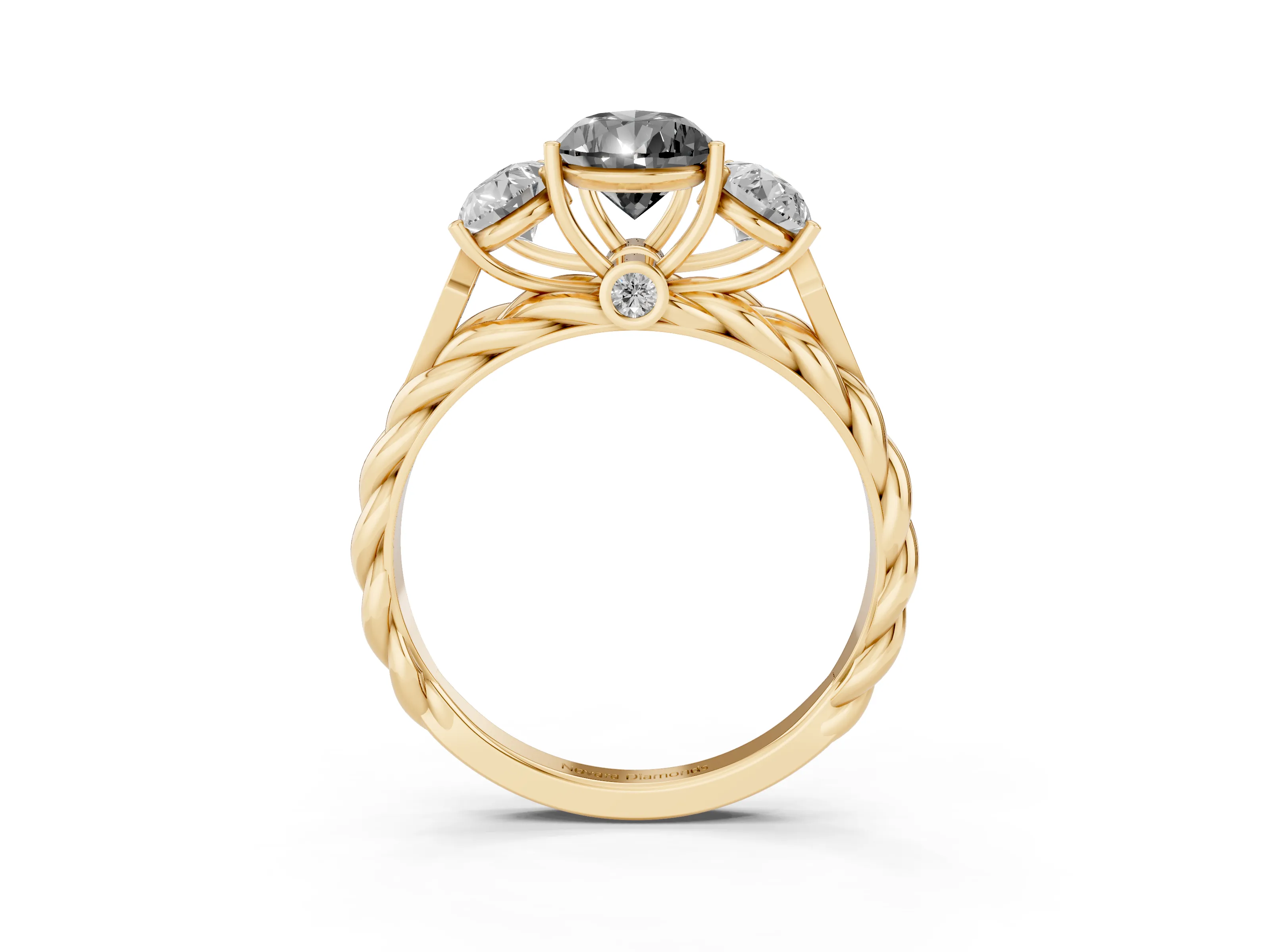 Fancy Black Pear Cut Diamond Three-Stone Ring Set in Yellow gold with Braided Band
