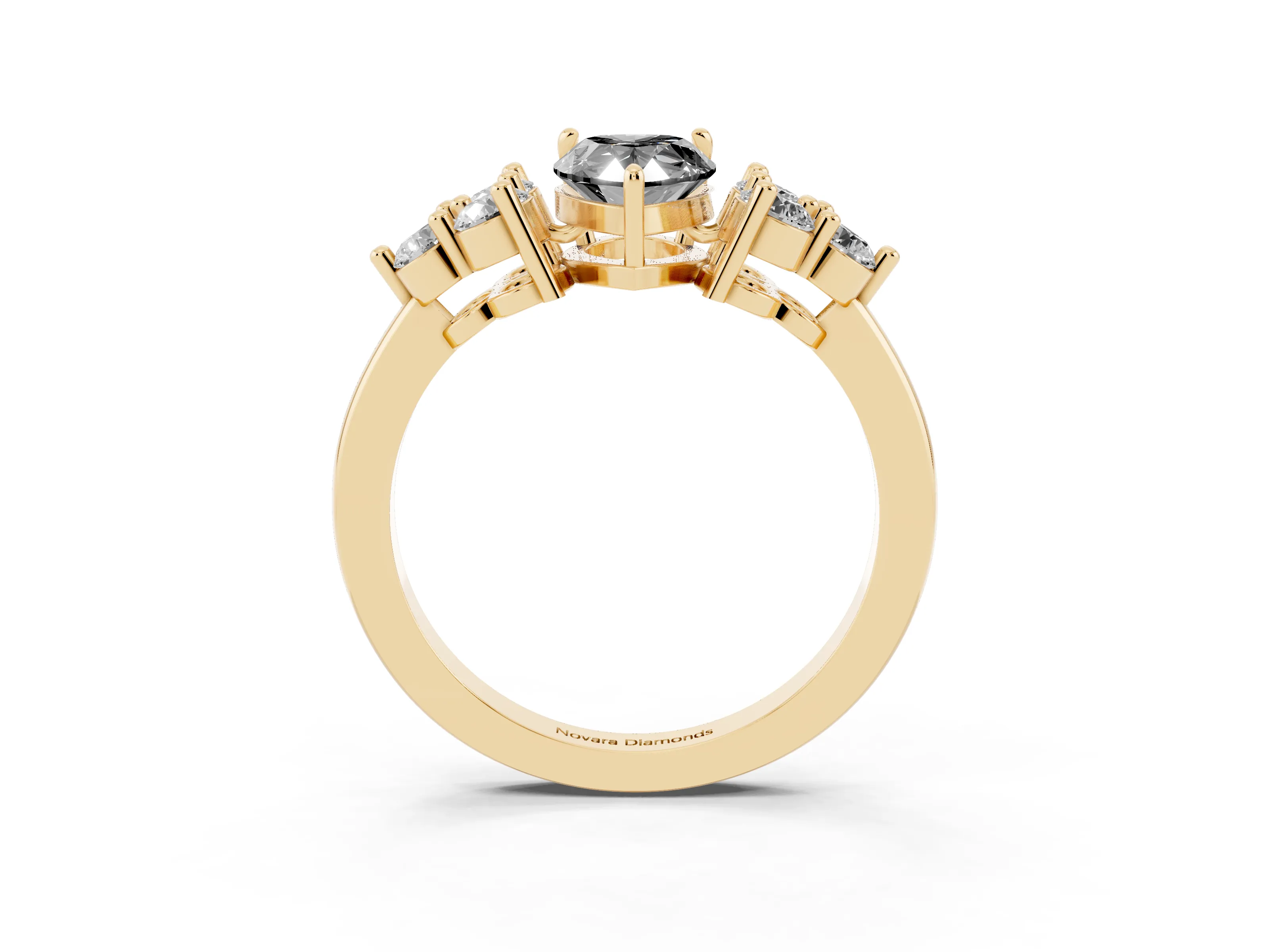 Fancy Black Pear Cut Diamond Solitaire Ring Set in Yellow gold with Cluster Accents on Each Side
