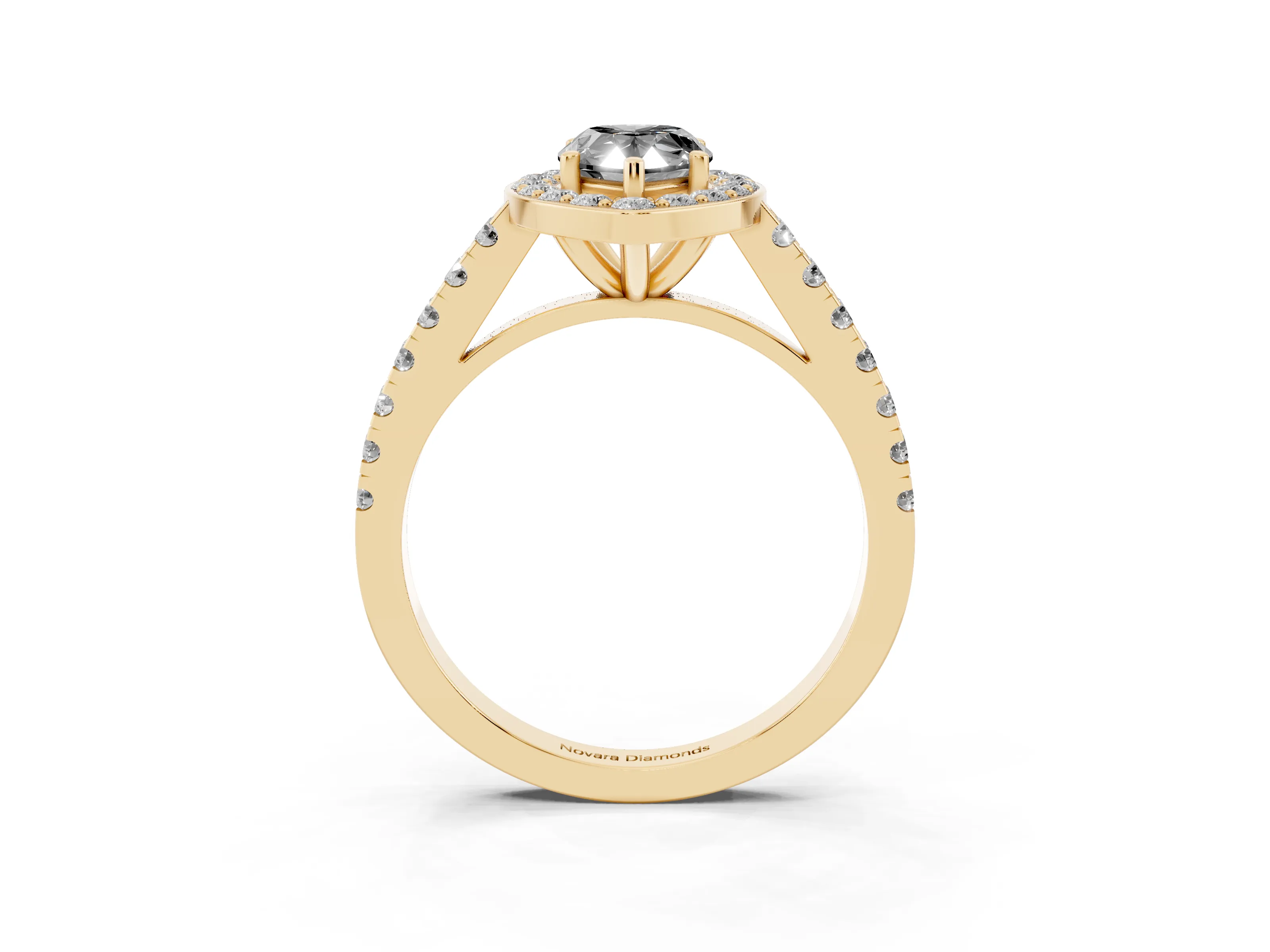 Fancy Black Pear Cut Diamond Halo Ring Set in Yellow gold with Round Pavé Split Shank and Prong Setting