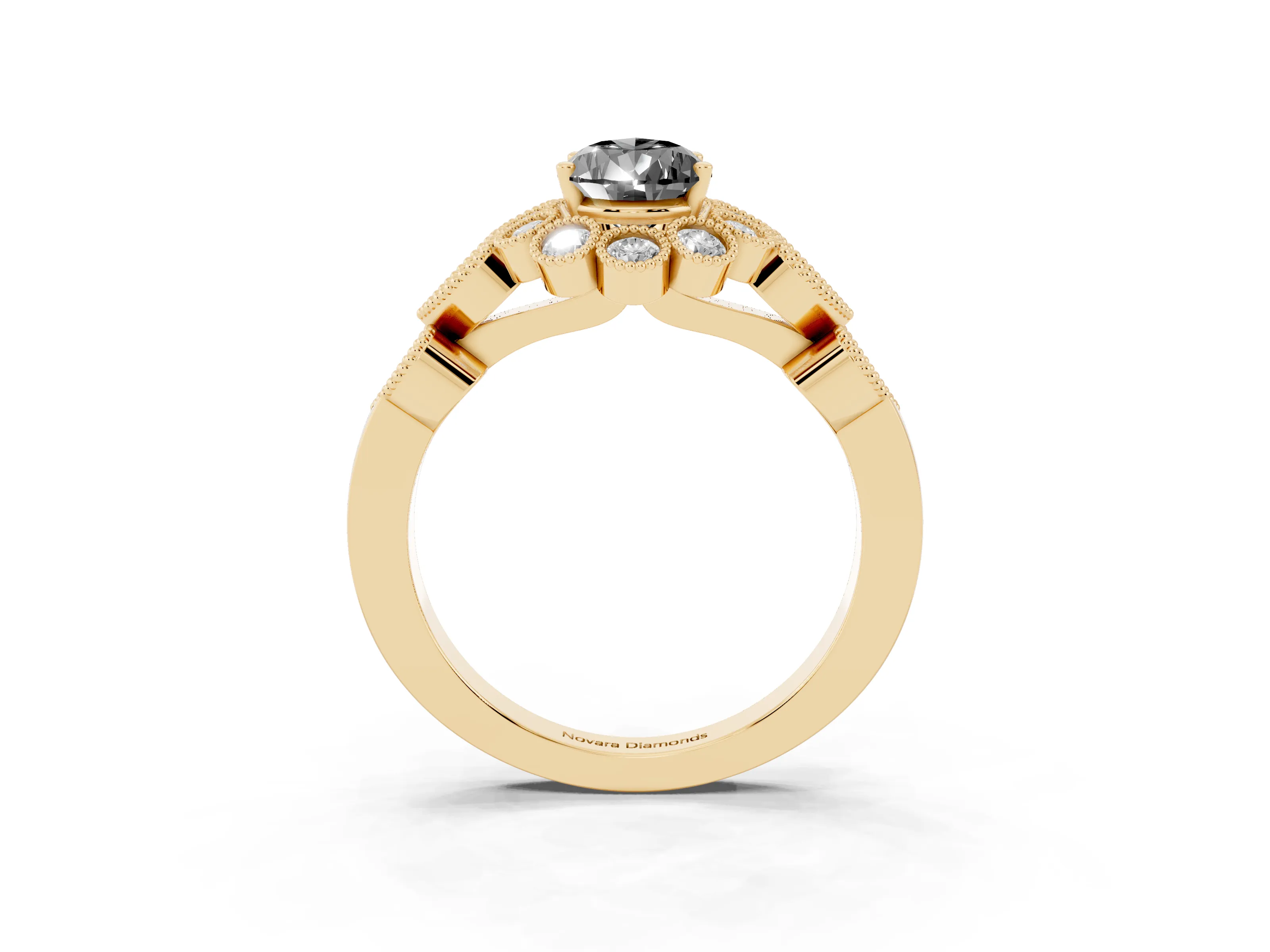 Fancy Black Pear Cut Diamond Solitaire Ring Set in Yellow gold with Milgrain Pavé Heart Band