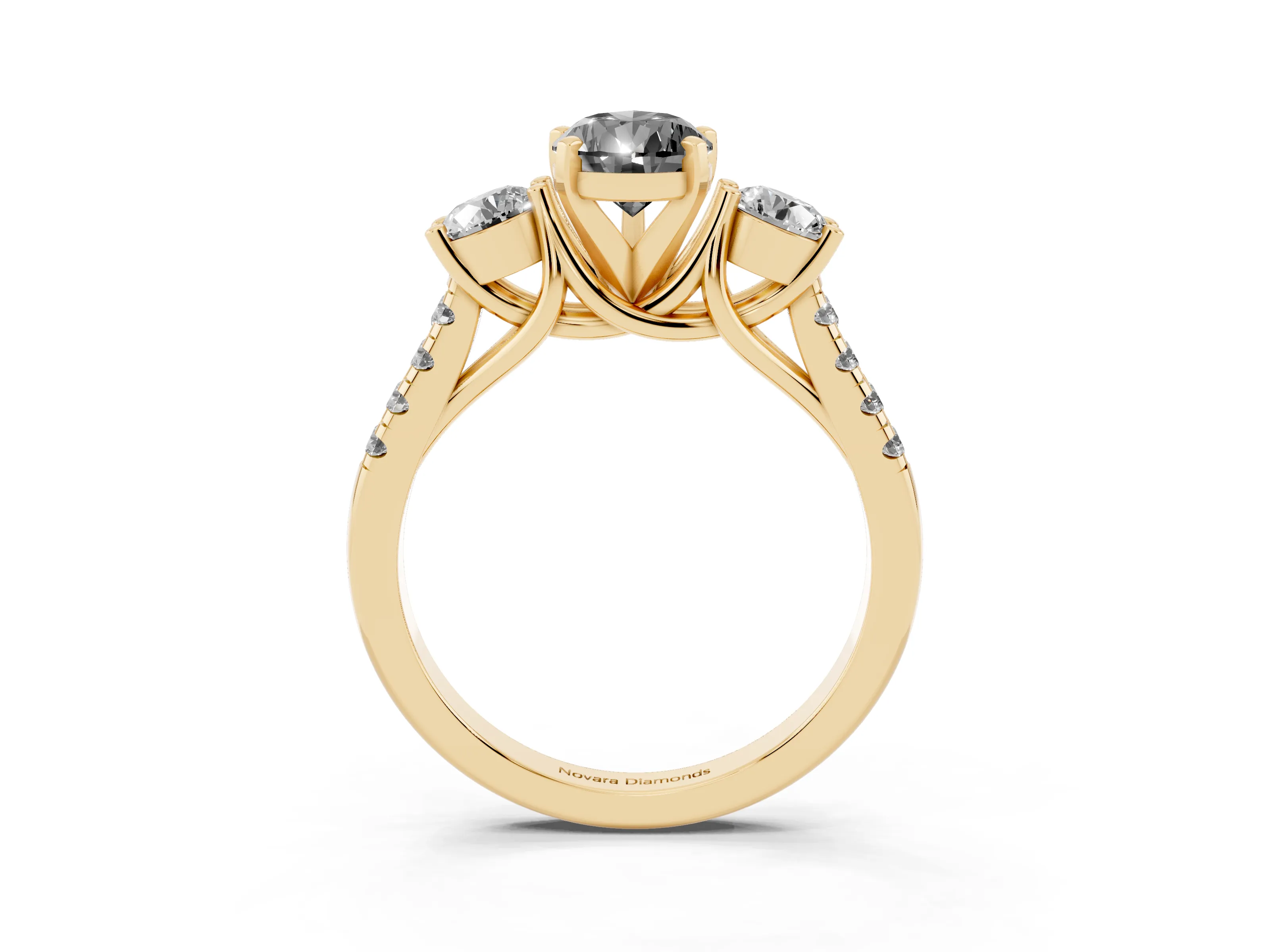 Fancy Black Three-Stone Pear Cut Diamond Pavé Band Ring Set in Yellow gold with Prong-Set Trio