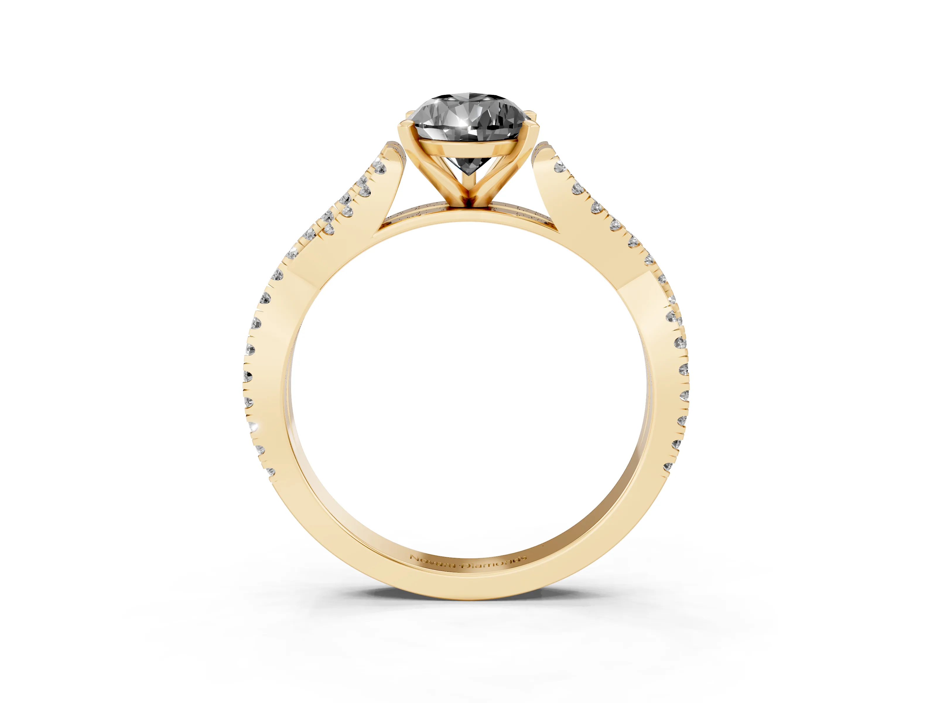 Fancy Black Pear Cut Diamond Solitaire Engagement Ring Set in Yellow gold with Twisted Pavé Band and Prong Setting