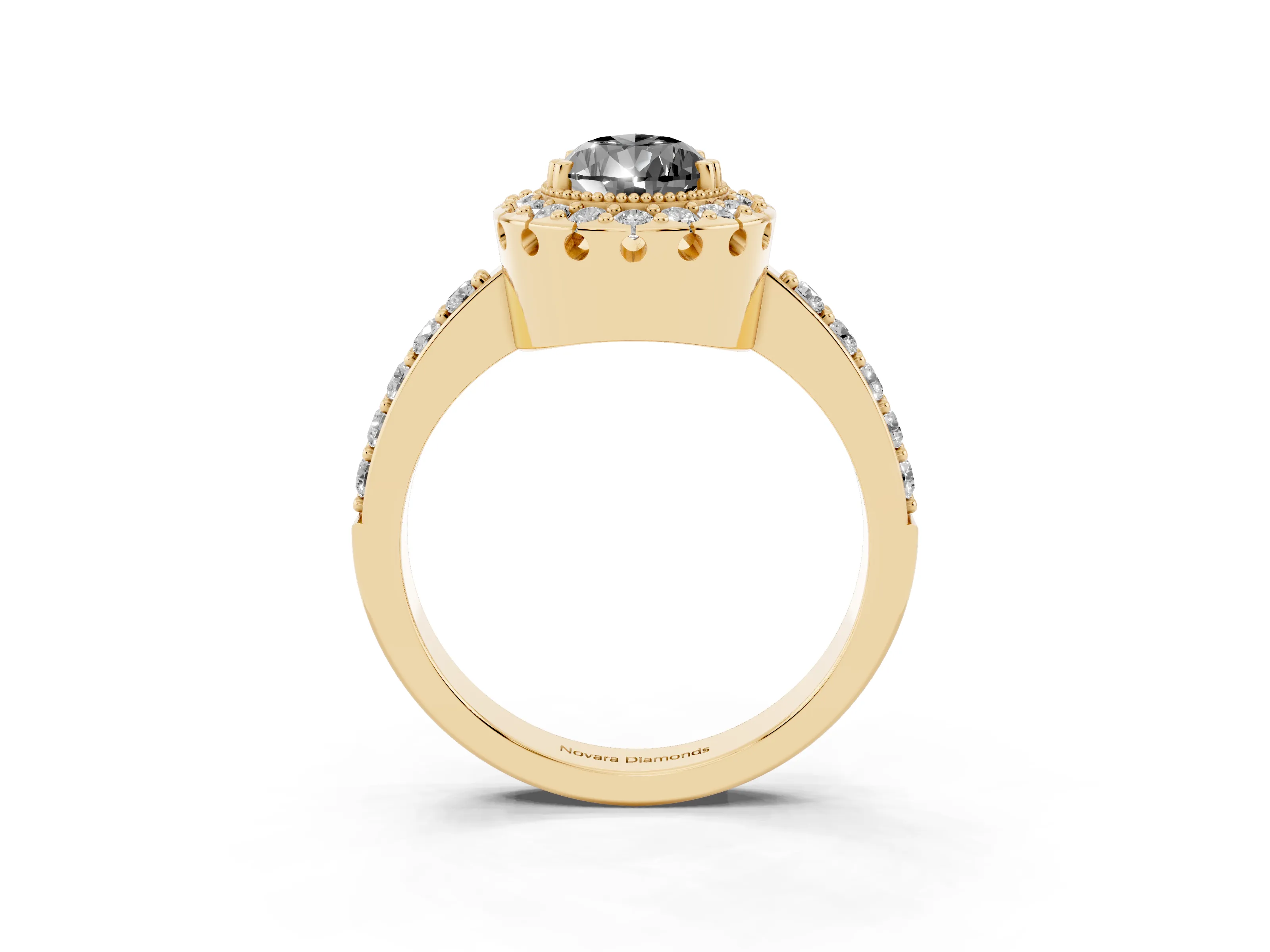 Fancy Black Pear Cut Diamond Halo Ring Set in Yellow gold with Pavé Shank and Prong Setting