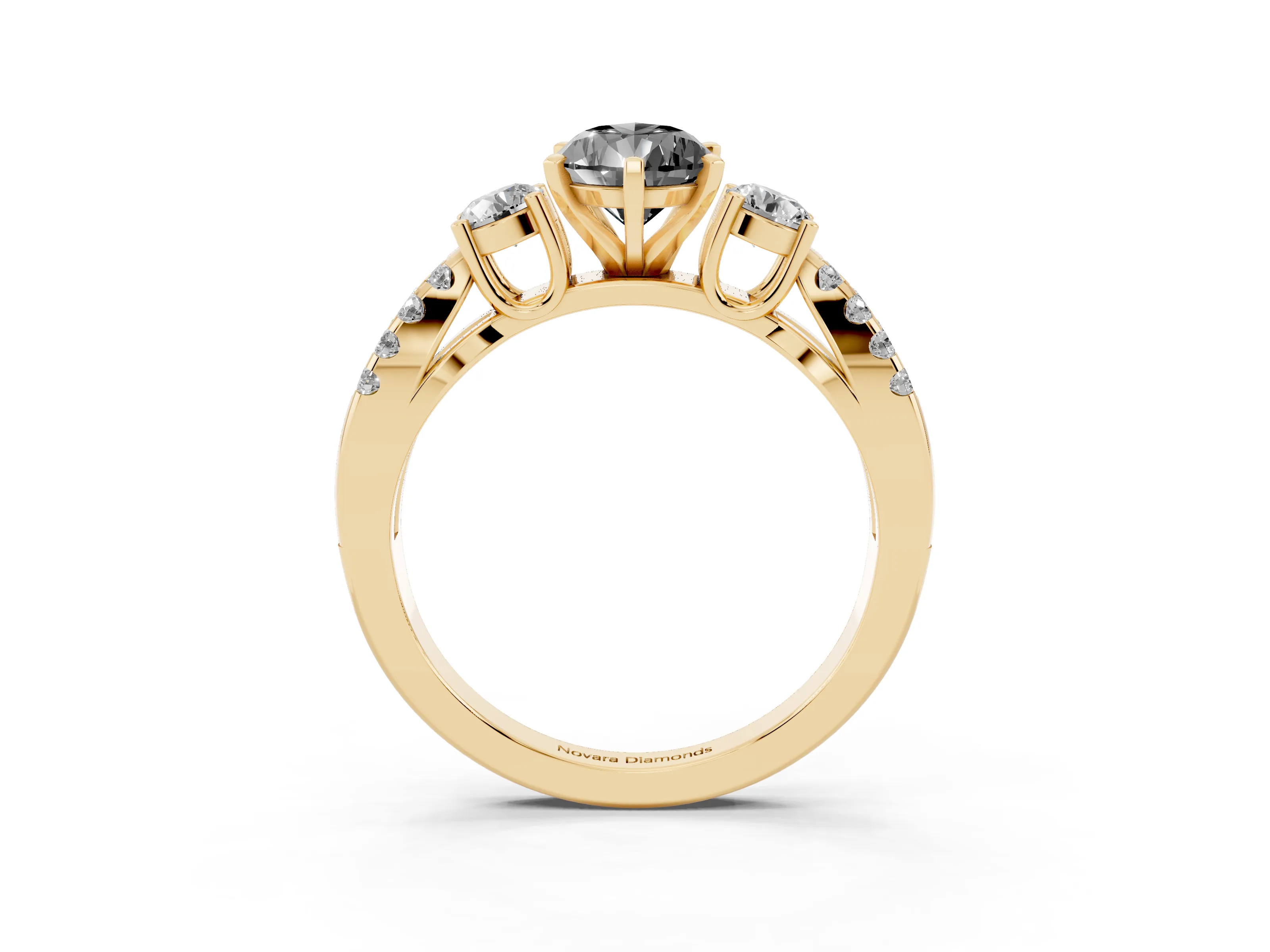 Fancy Black Pear Cut Diamond Three-Stone Ring Set in Yellow gold with Pavé Split Shank and Prong Setting
