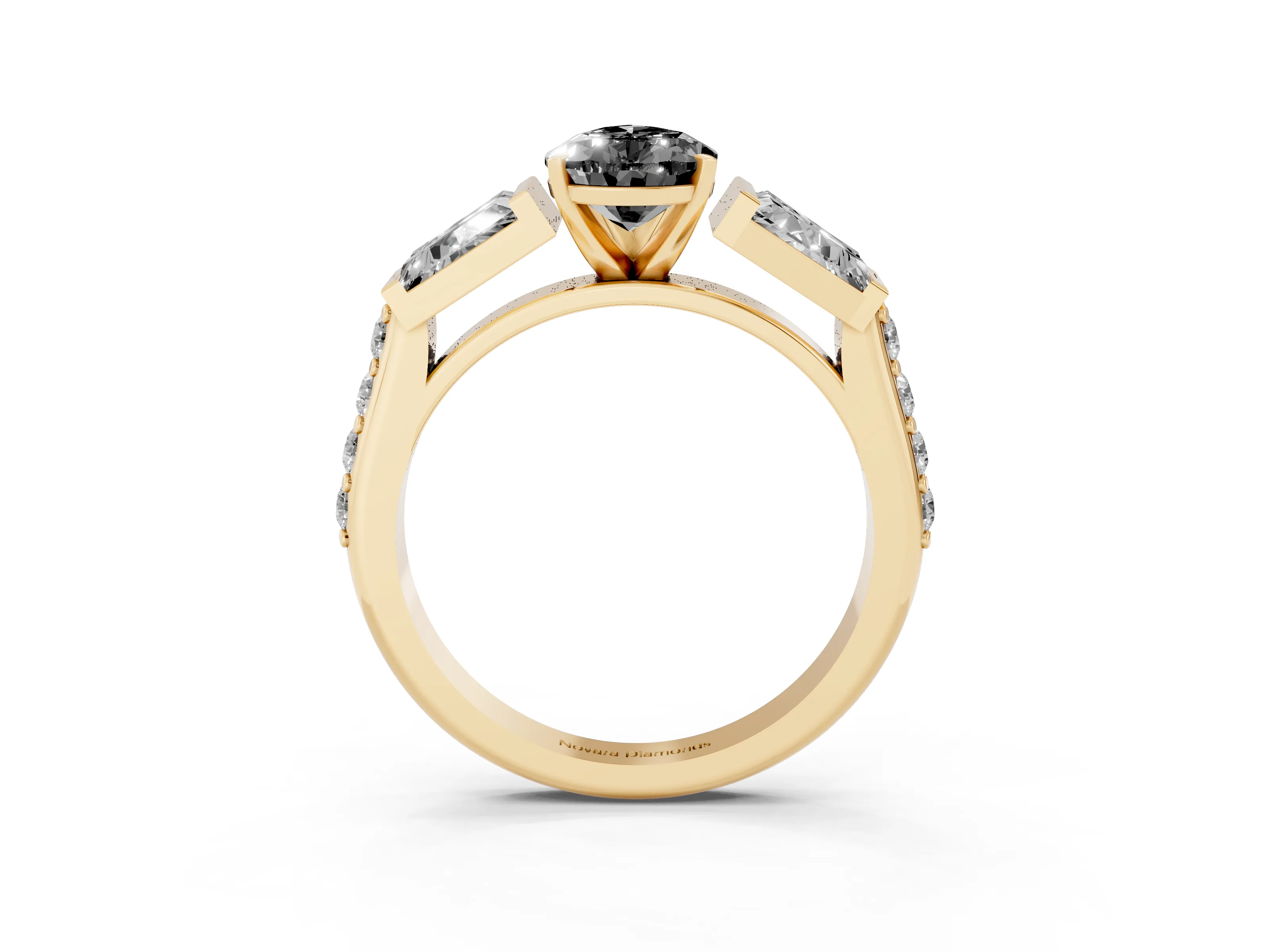 Fancy Black Pear Cut Diamond Engagement Ring Set in Yellow gold with Baguette Side Stones and Channel Set Band