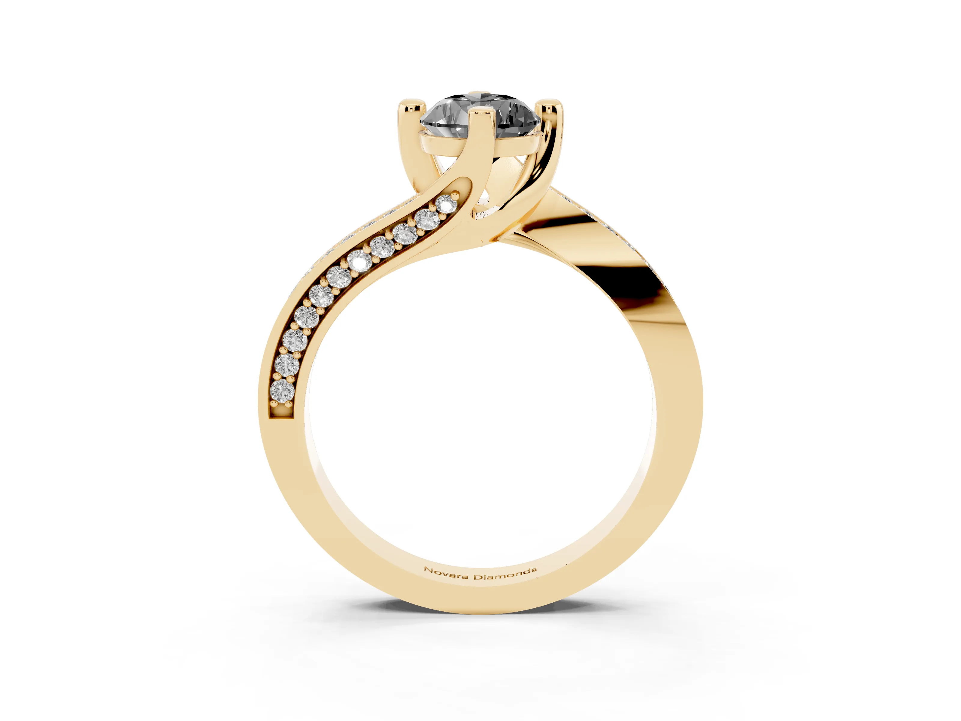 Fancy Black Pear Cut Diamond Solitaire Ring Set in Yellow gold with Intertwined Pavé Twist Band