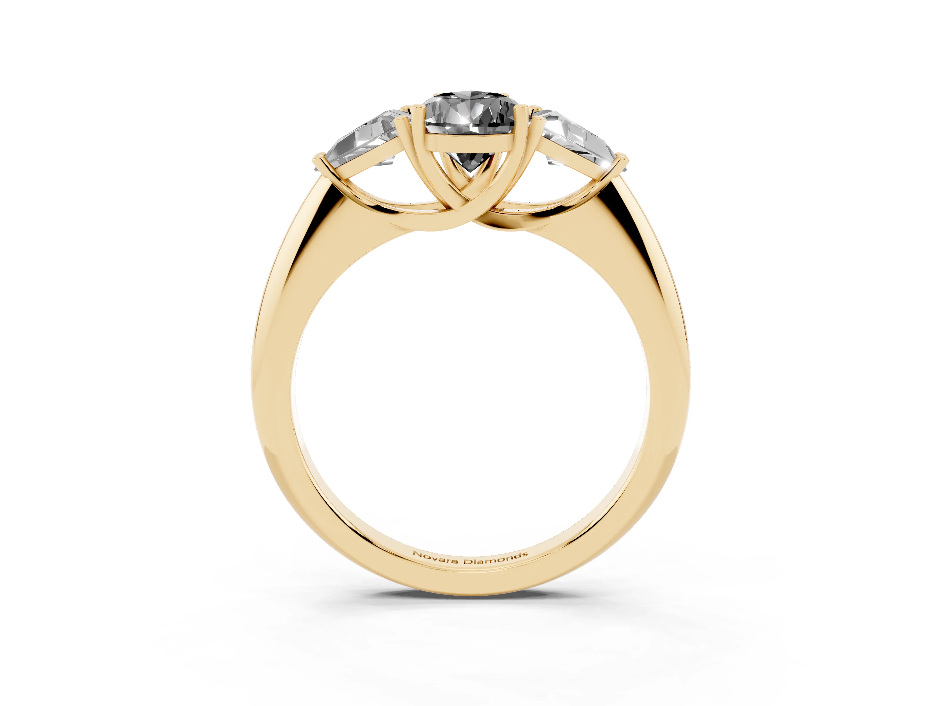 Fancy Black Pear Cut Diamond Three-Stone Engagement Ring Set in Yellow gold with Trillion Side Stones