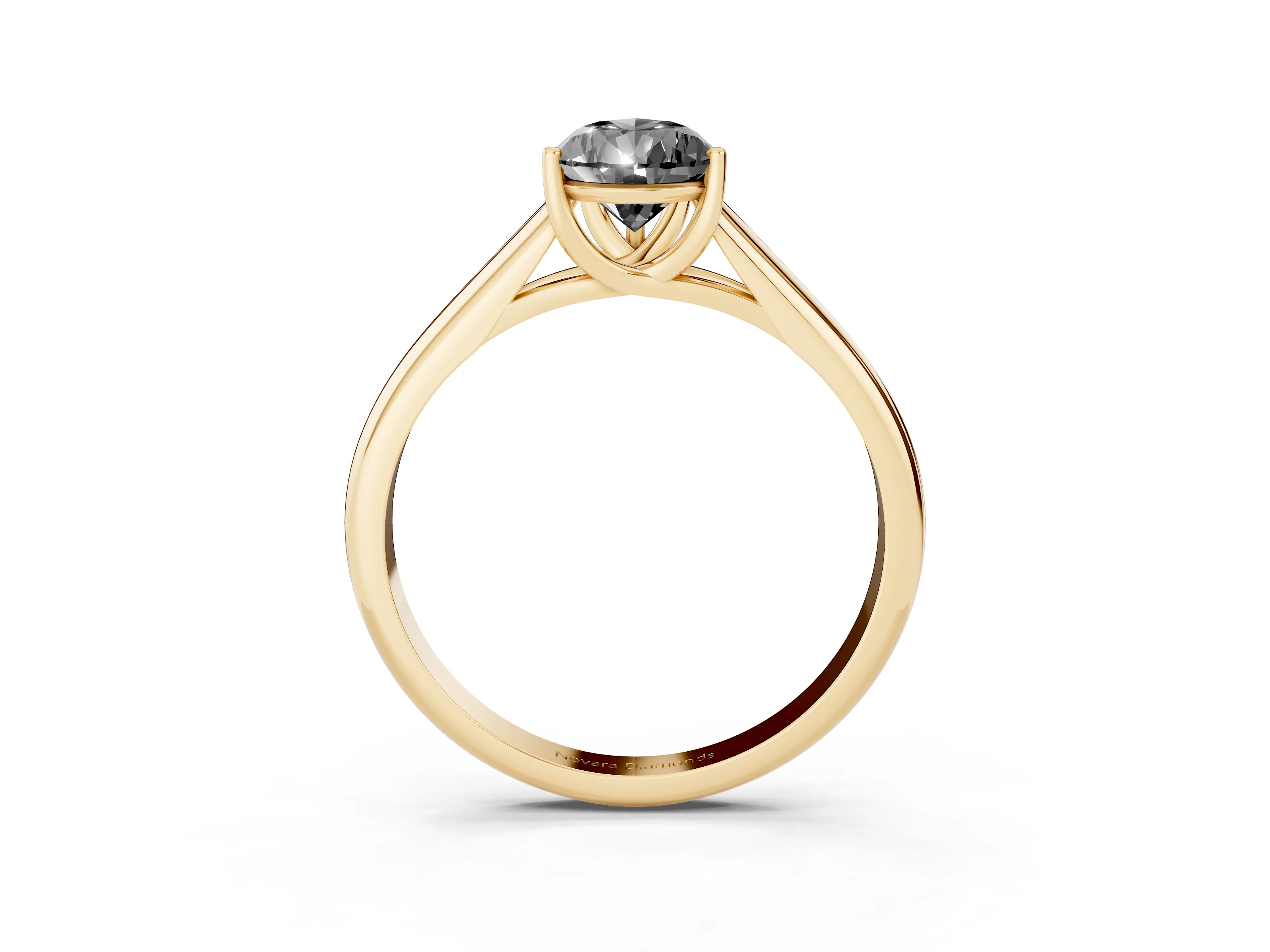 Fancy Black Pear Cut Diamond Solitaire Engagement Ring Set in Yellow gold with Subtly Tapered Band and Prong Setting