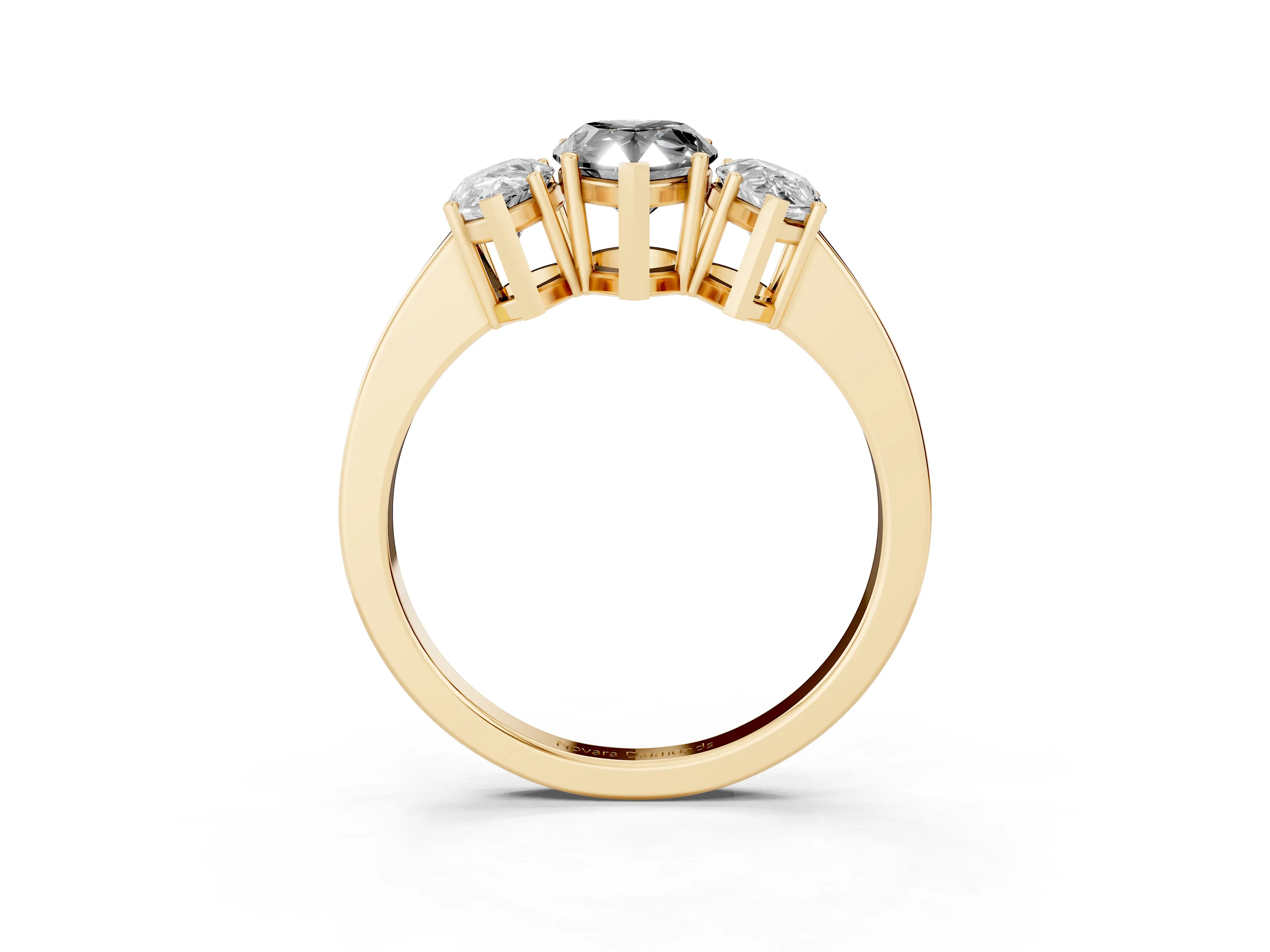 Fancy Black Pear Cut Diamond Three-Stone Engagement Ring Set in Yellow gold with Flat Band