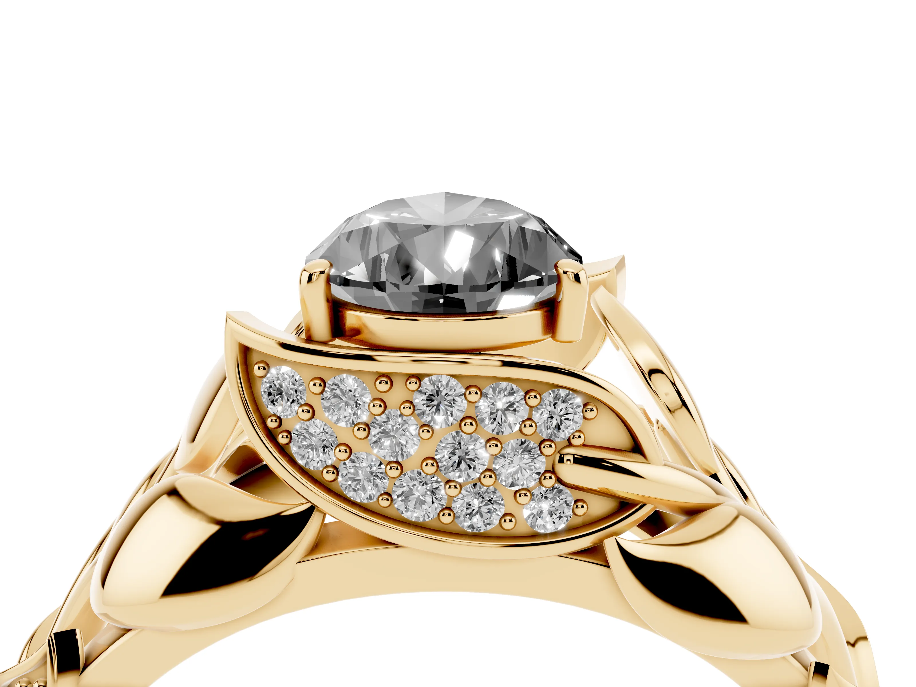 Fancy Black Pear Cut Diamond Leaf-Inspired Engagement Ring Set in Yellow gold with Round Accents