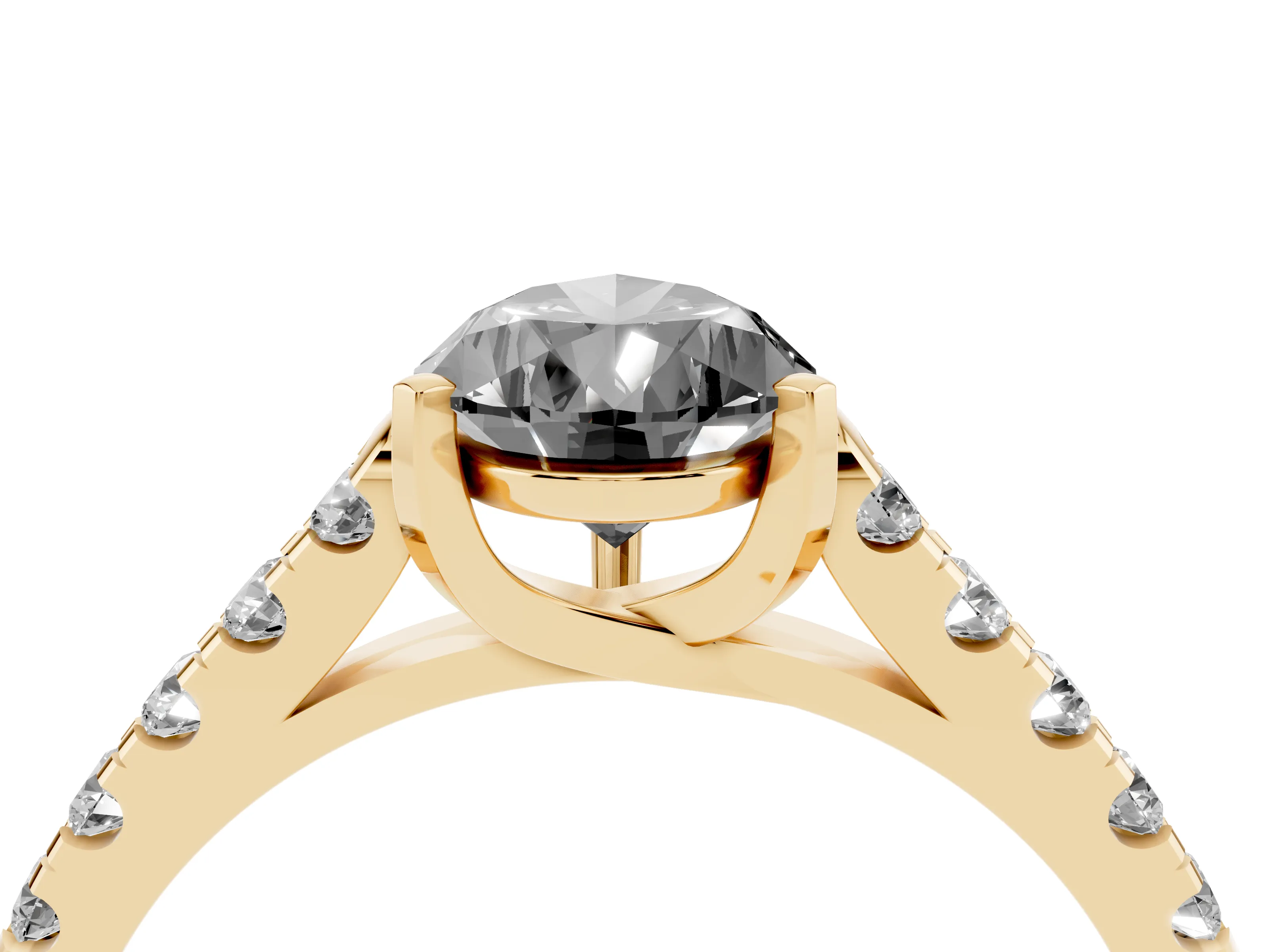 Fancy Black Pear Cut Diamond Pavé Band Solitaire Ring Set in Yellow gold with Partway Accent Stones and Prong Setting