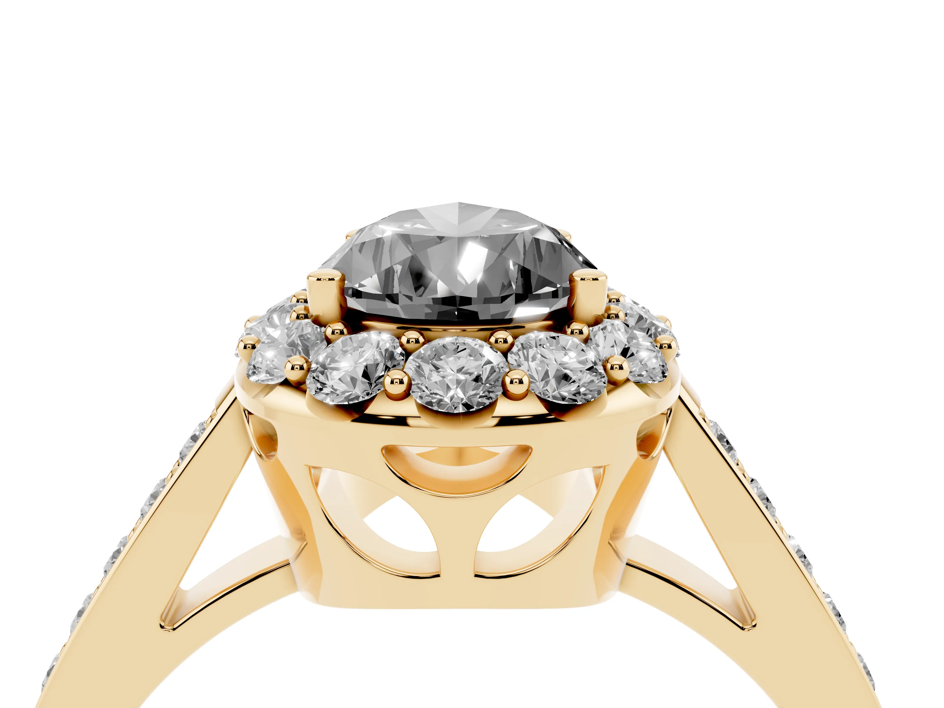 Fancy Black Pear Cut Diamond Floral Halo Ring Set in Yellow gold with Pavé Band and Prong Setting