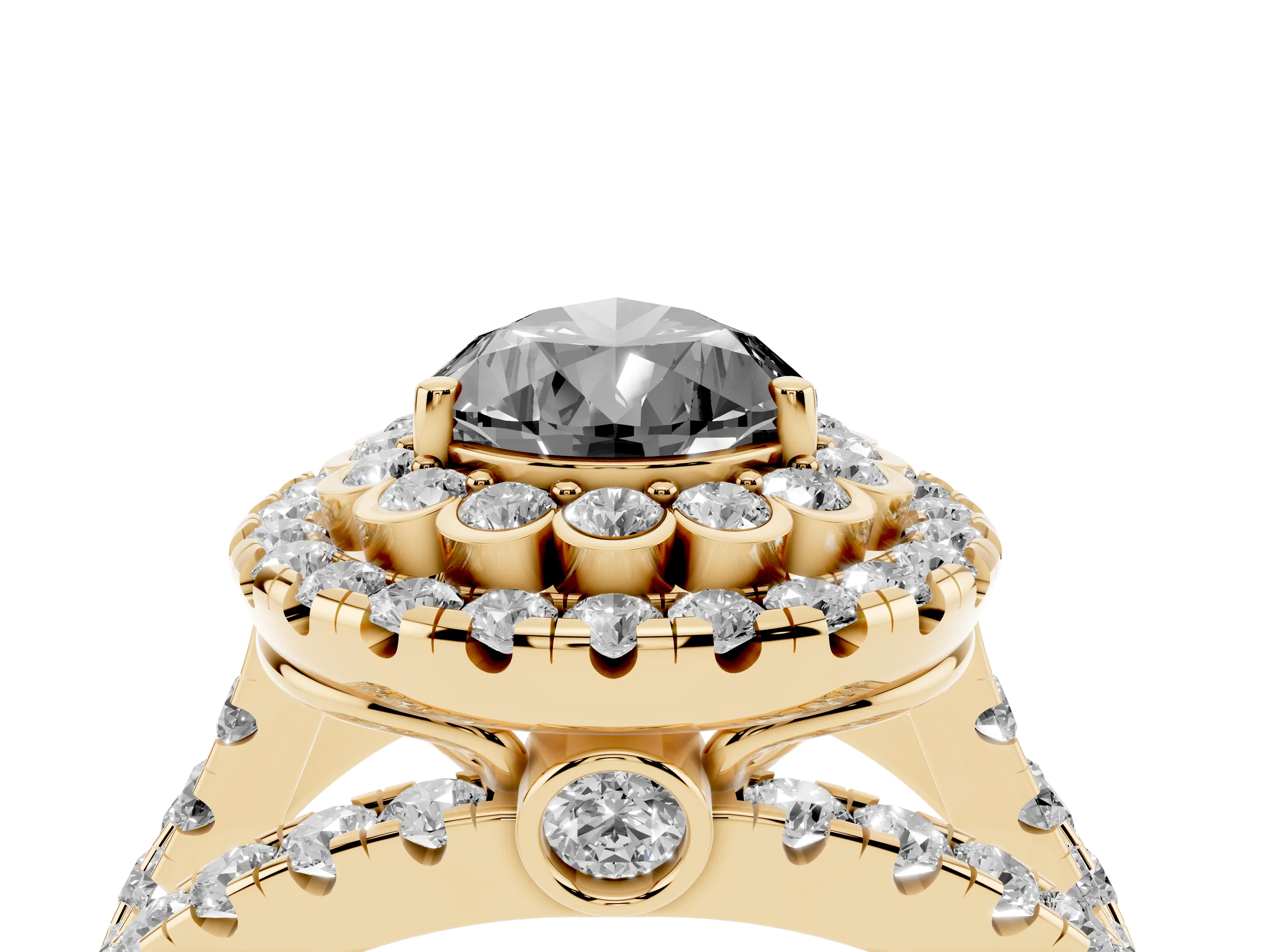 Fancy Black Pear Cut Diamond Double Halo Ring Set in Yellow gold with Round Pavé Split Shank