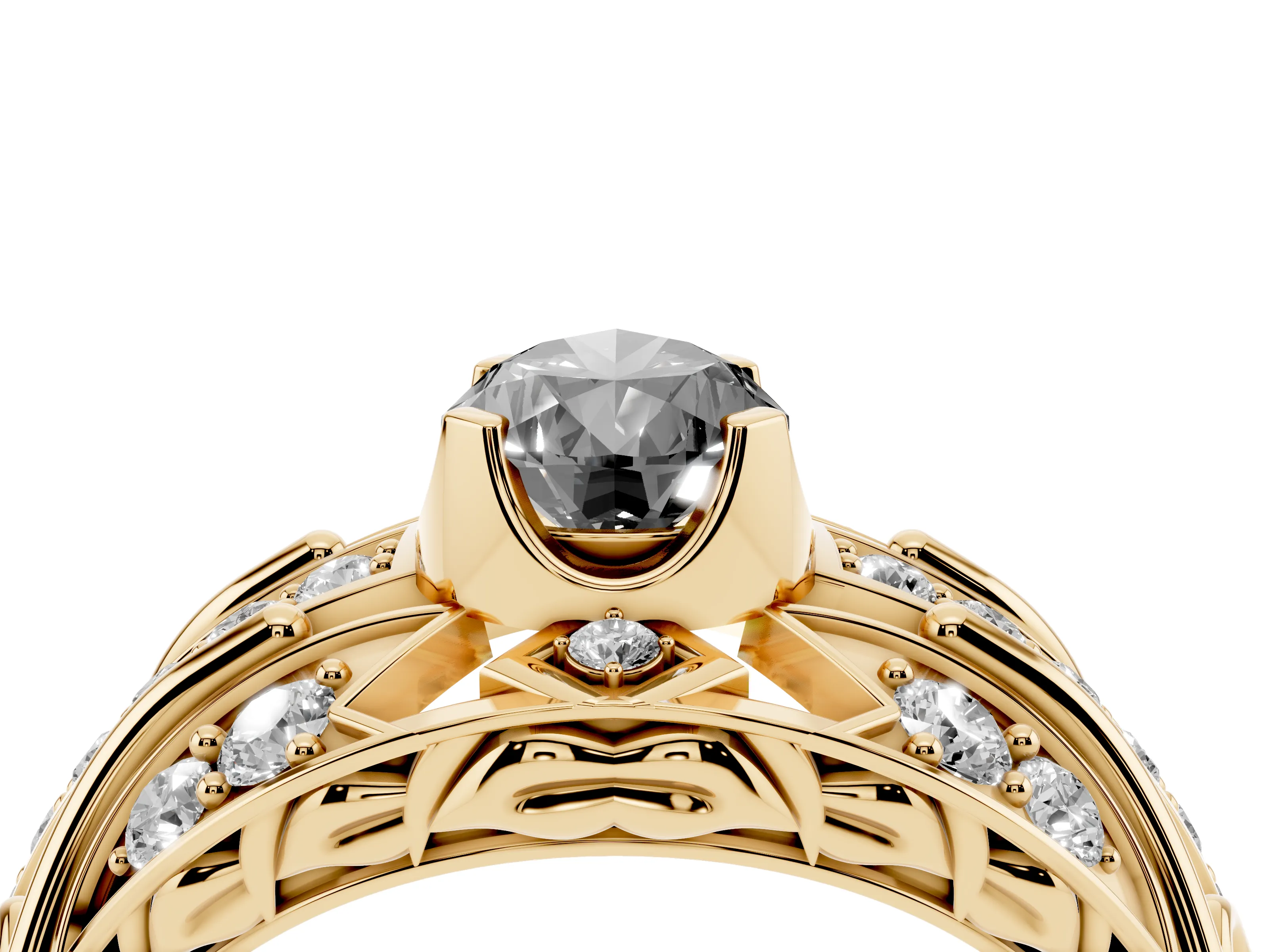 Fancy Black Pear Cut Diamond Art Deco Ring Set in Yellow gold with Pavé Split Shank