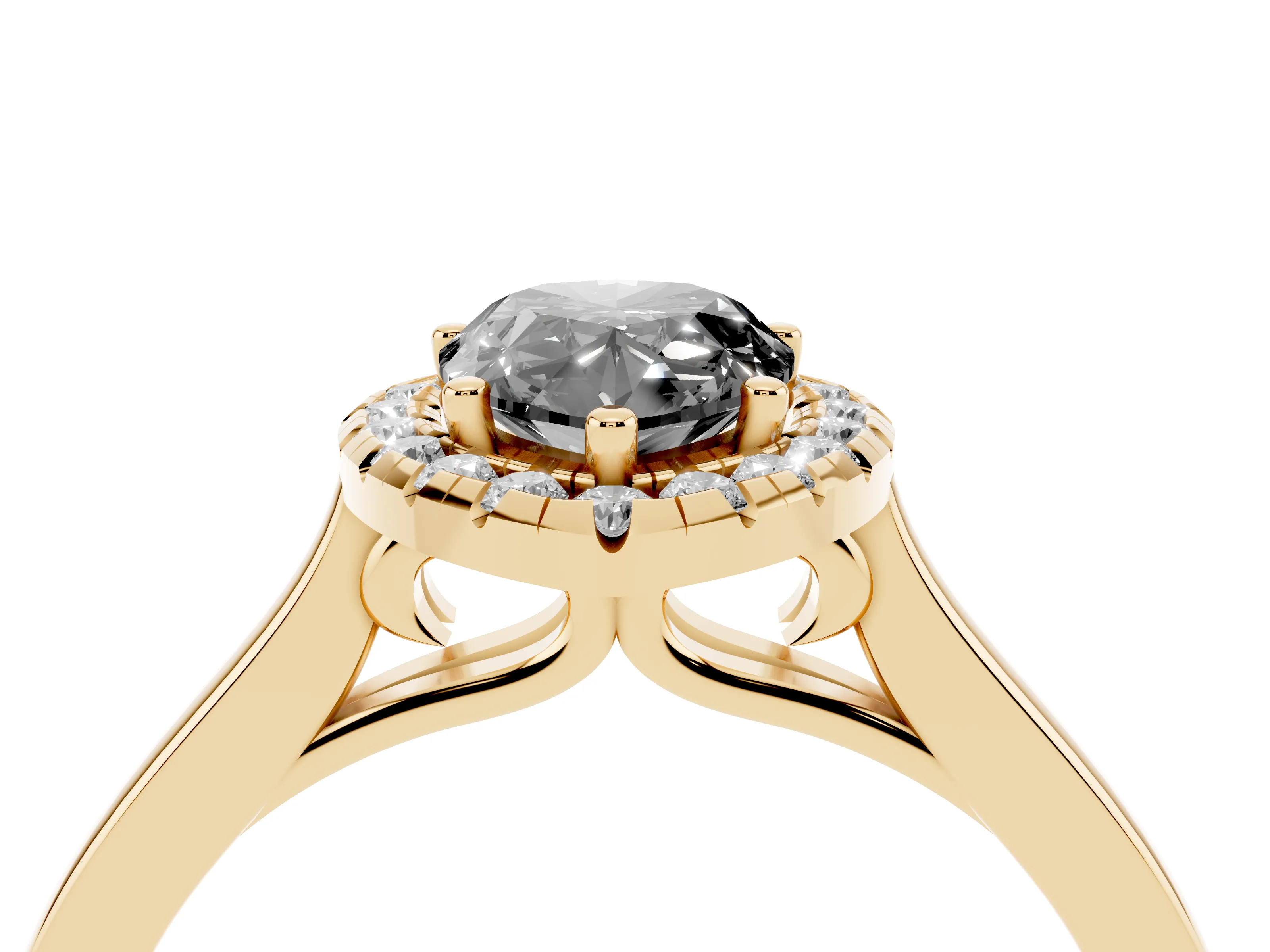 Fancy Black Pear Cut Halo Round Diamond Solitaire Ring Set in Yellow gold with Pavé Band and Prong Setting