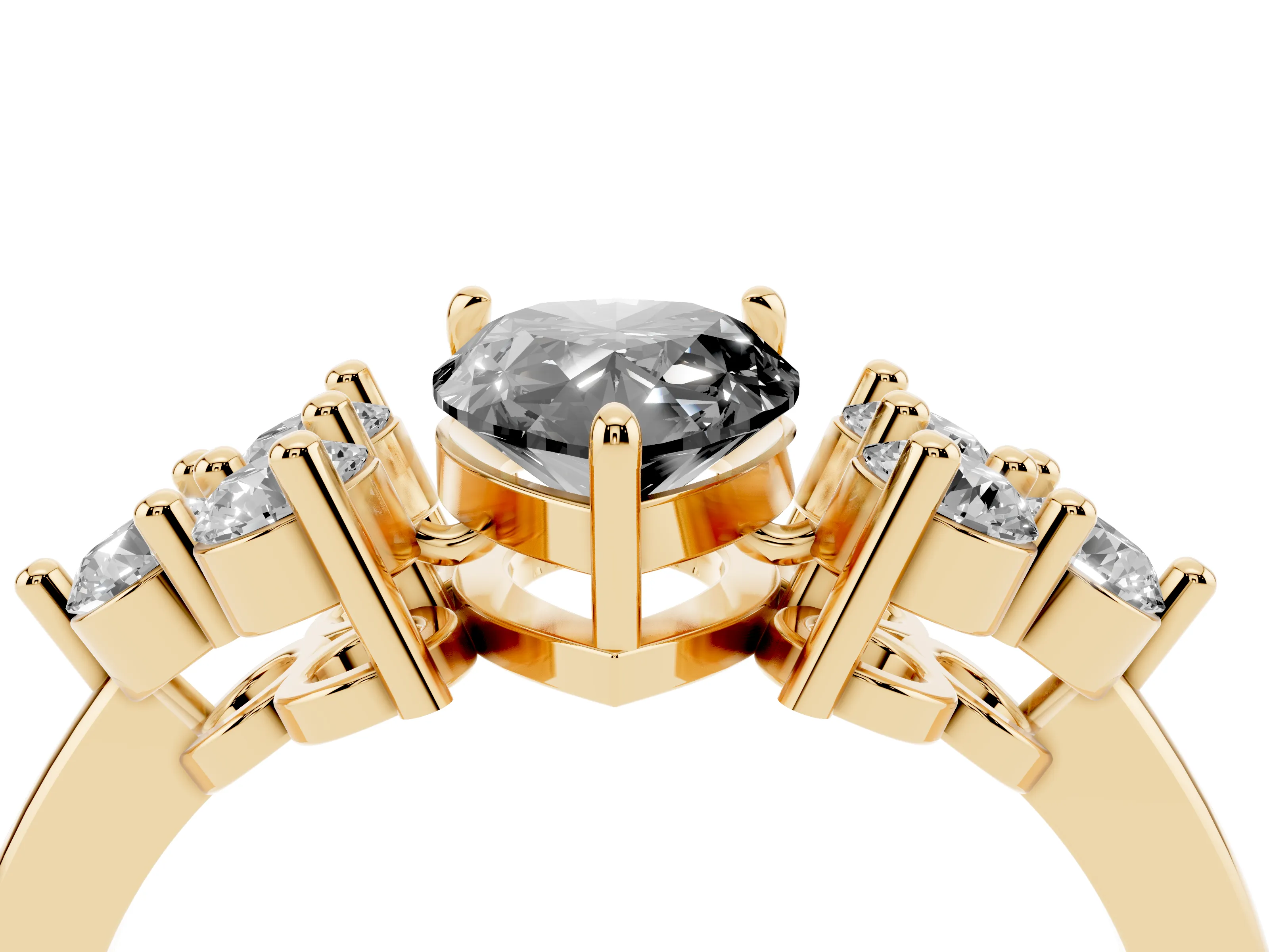 Fancy Black Pear Cut Diamond Solitaire Ring Set in Yellow gold with Cluster Accents on Each Side