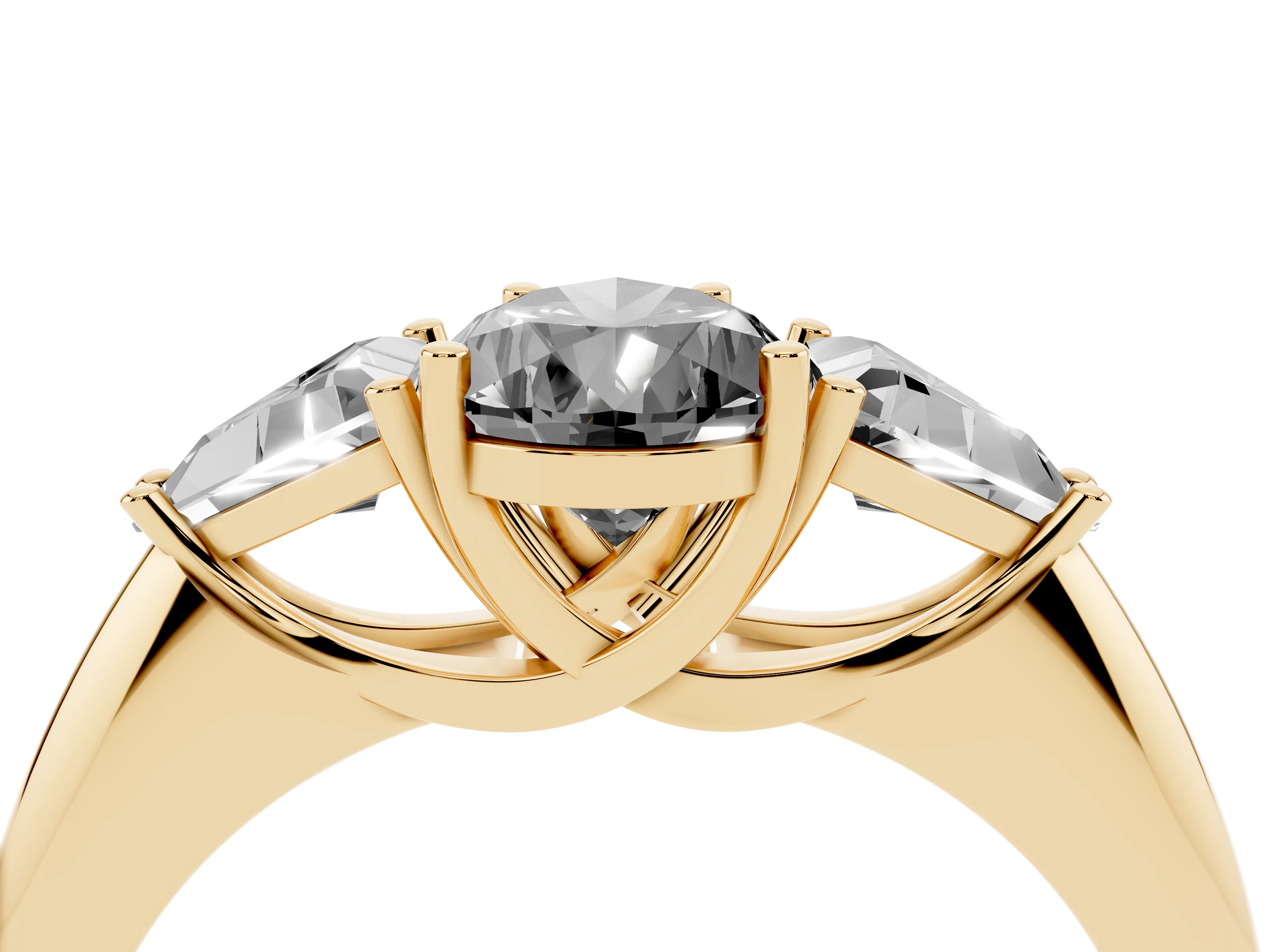 Fancy Black Pear Cut Diamond Three-Stone Engagement Ring Set in Yellow gold with Trillion Side Stones