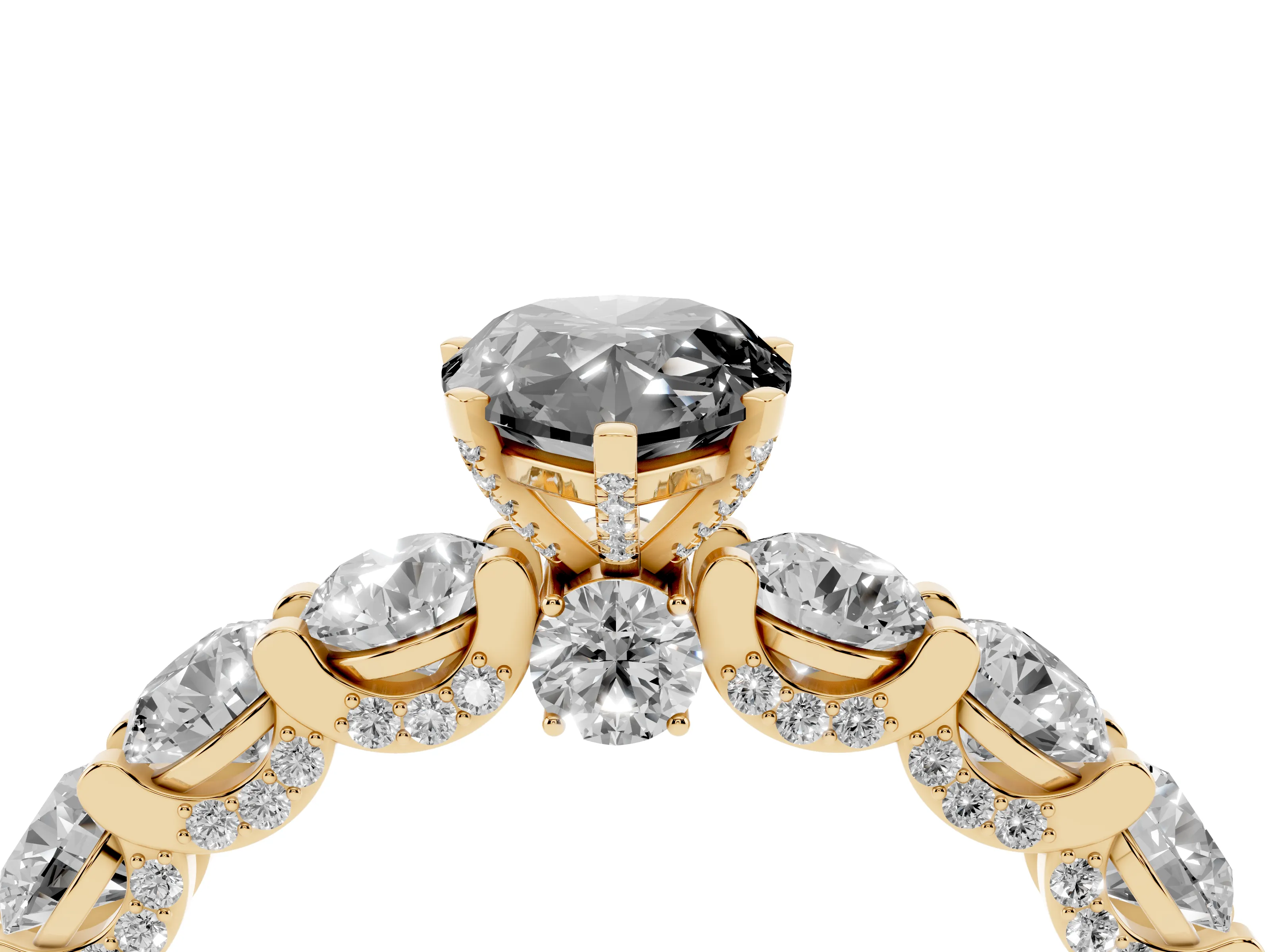 Fancy Black Pear Cut Diamond Side Stone Ring Set in Yellow gold with Alternating Round and Oval Side Stones