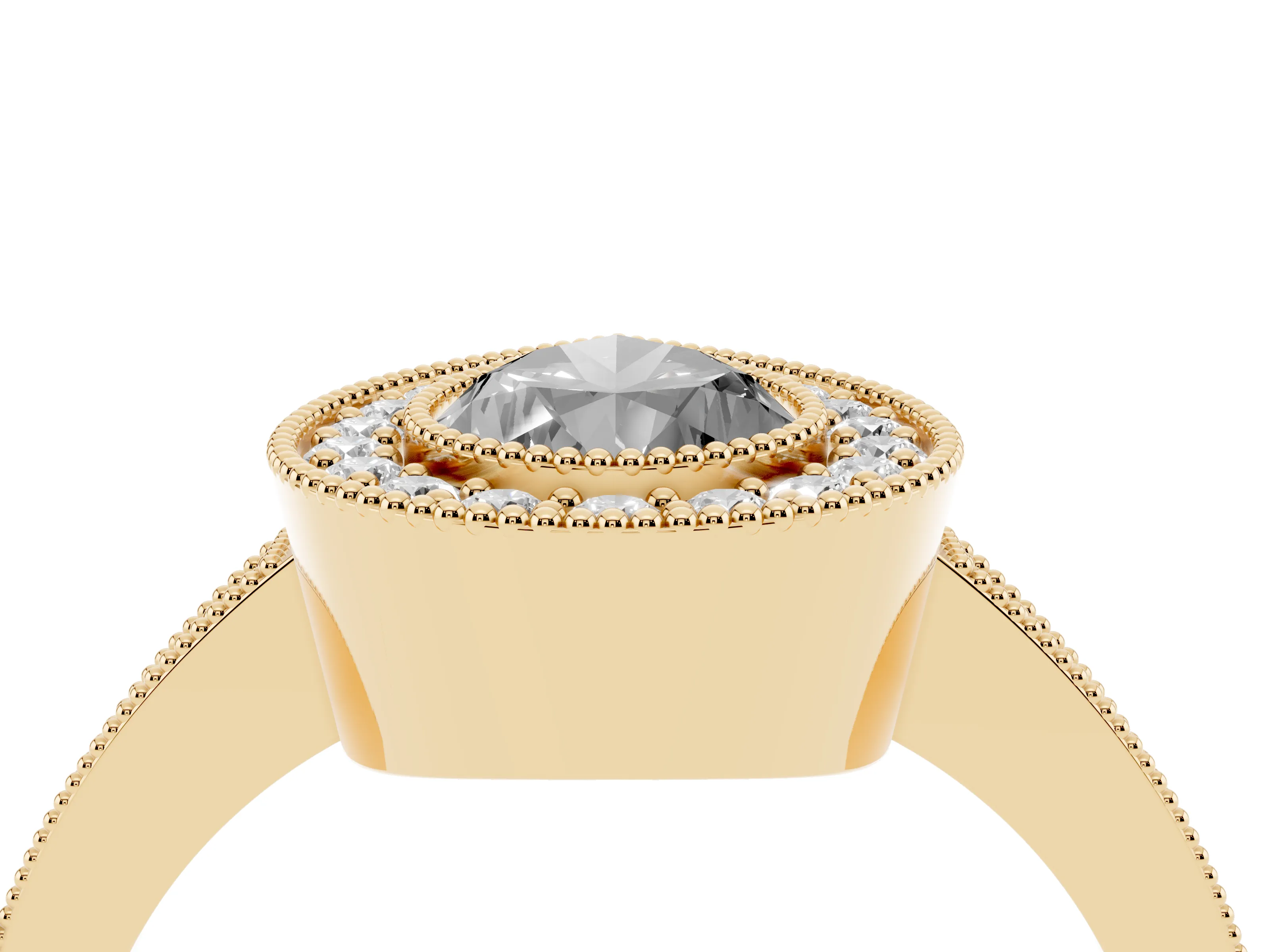 Fancy Black Pear Cut Diamond Halo Engagement Ring Set in Yellow gold with Pavé Band and Round Halo Stones