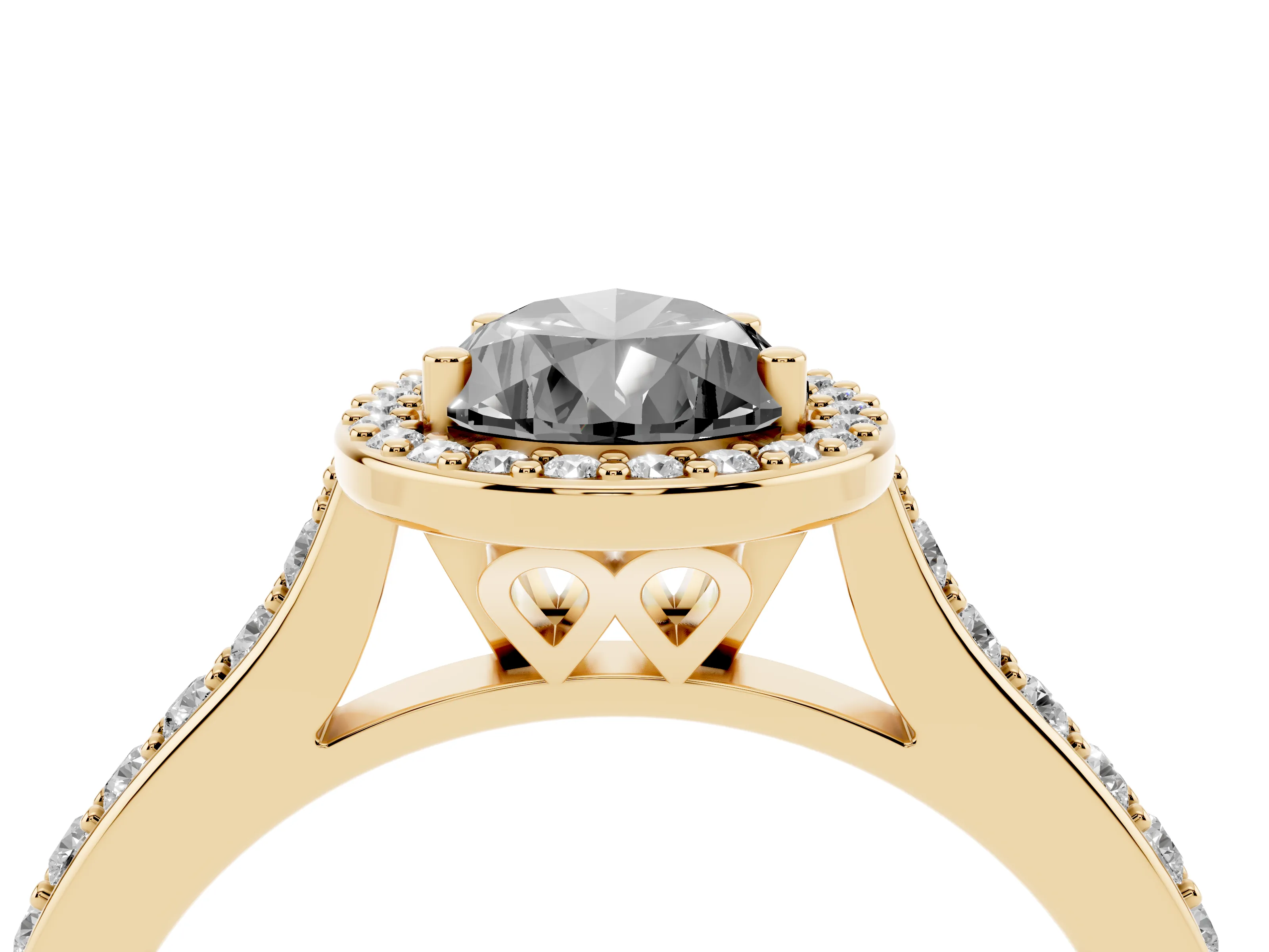 Fancy Black Pear Cut Diamond Halo Engagement Ring Set in Yellow gold with Round Pavé Shoulders and Heart Gallery