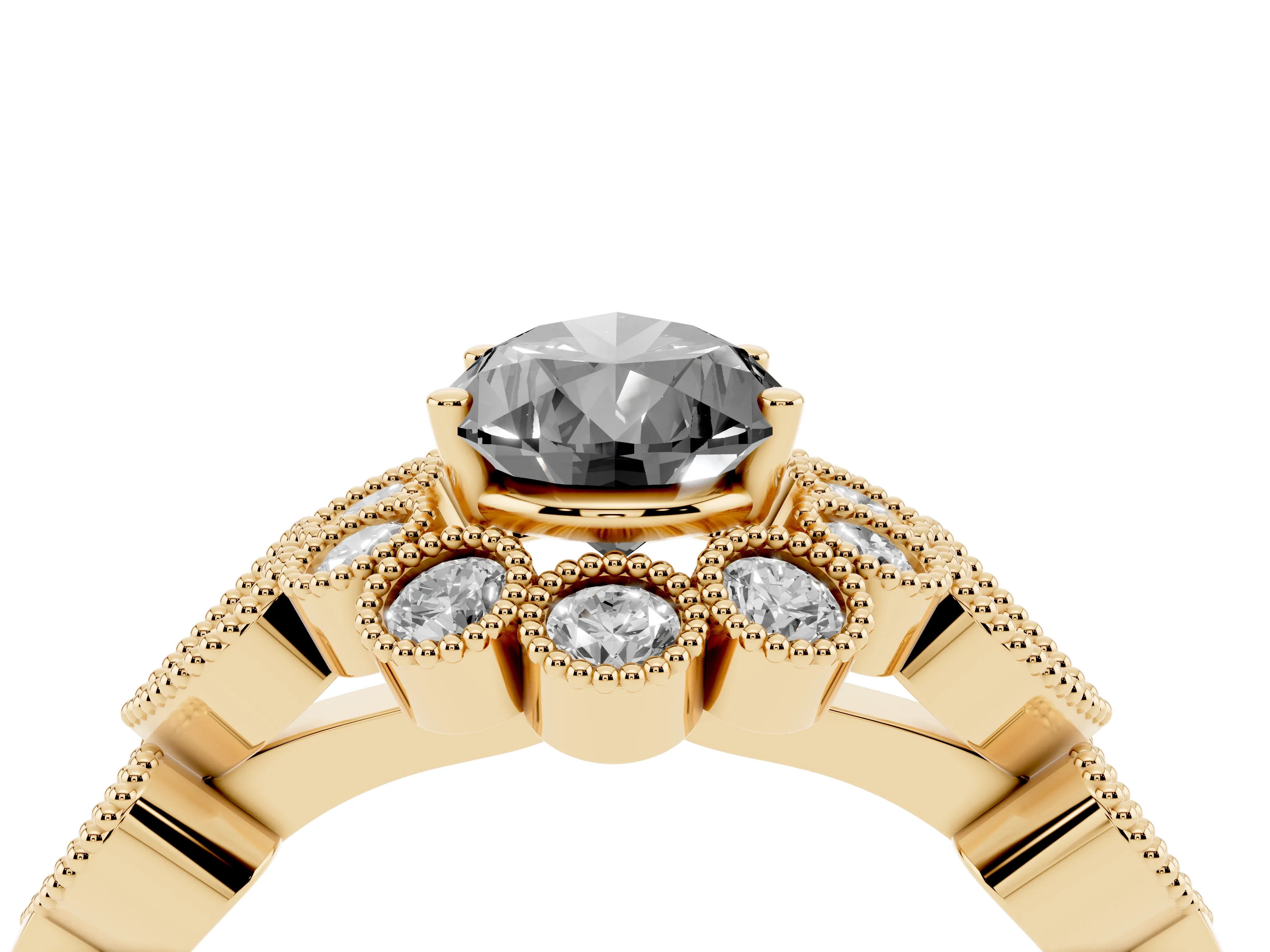 Fancy Black Pear Cut Diamond Solitaire Ring Set in Yellow gold with Milgrain Pavé Heart Band
