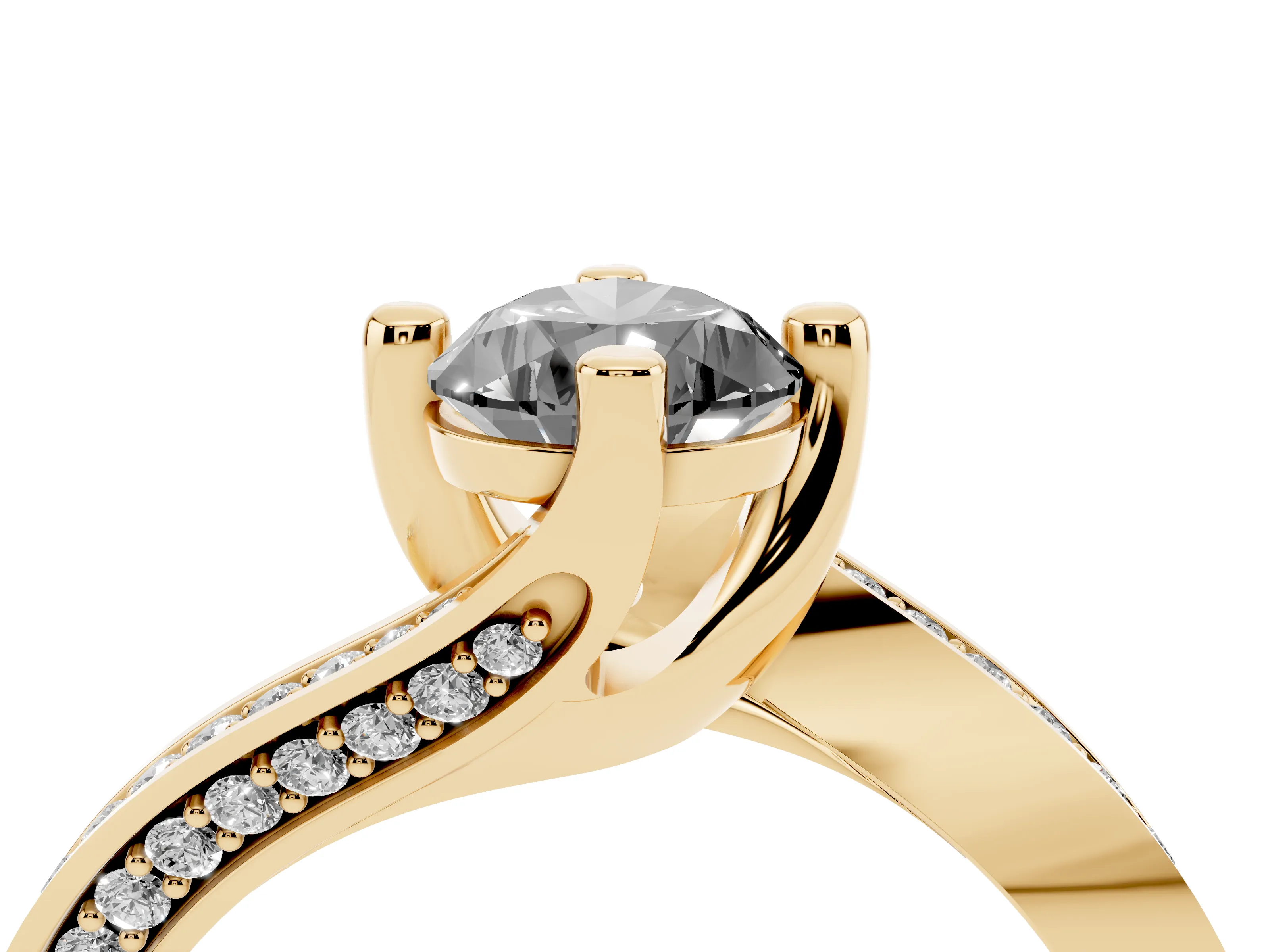 Fancy Black Pear Cut Diamond Solitaire Ring Set in Yellow gold with Intertwined Pavé Twist Band