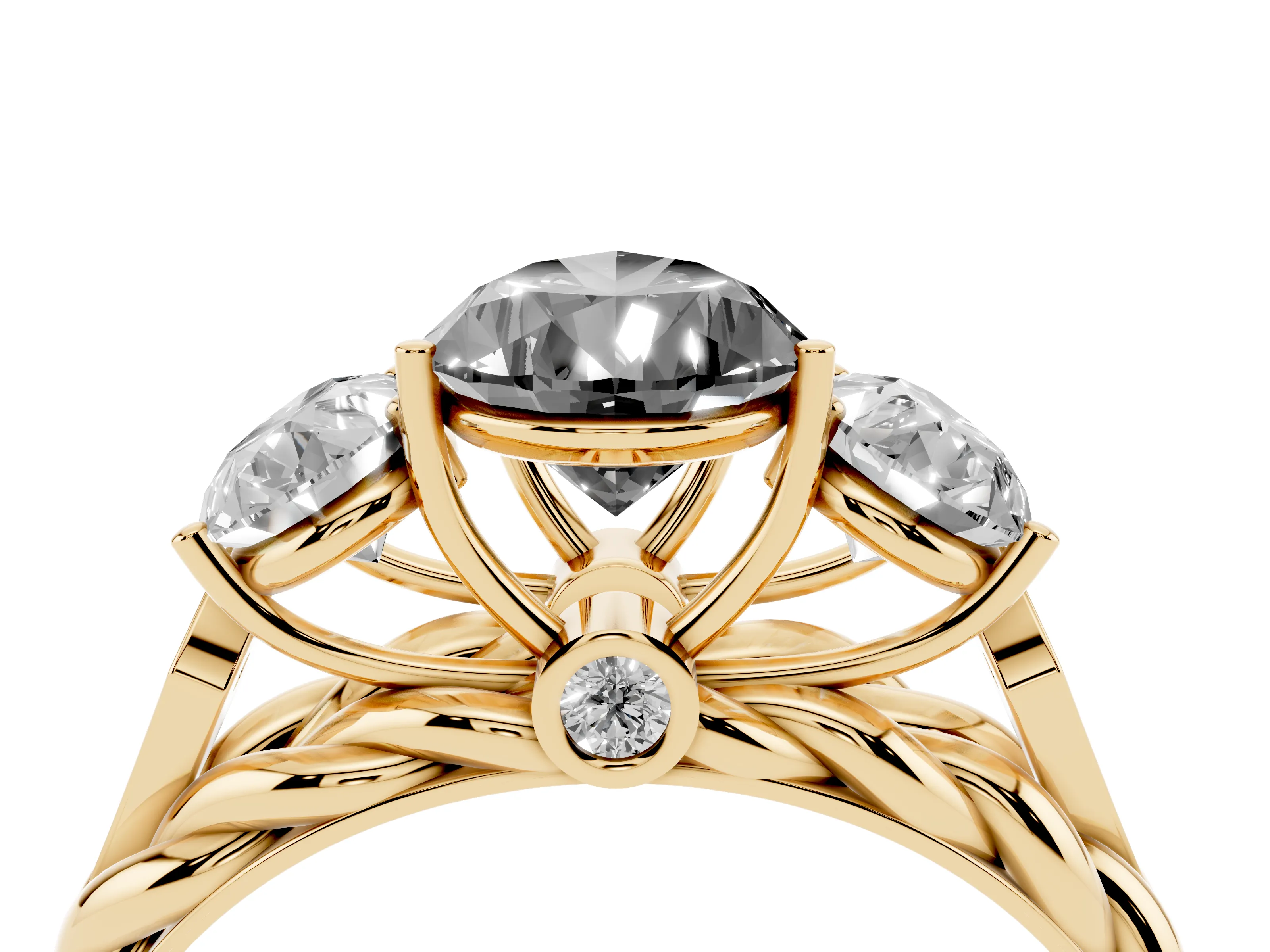 Fancy Black Pear Cut Diamond Three-Stone Ring Set in Yellow gold with Braided Band