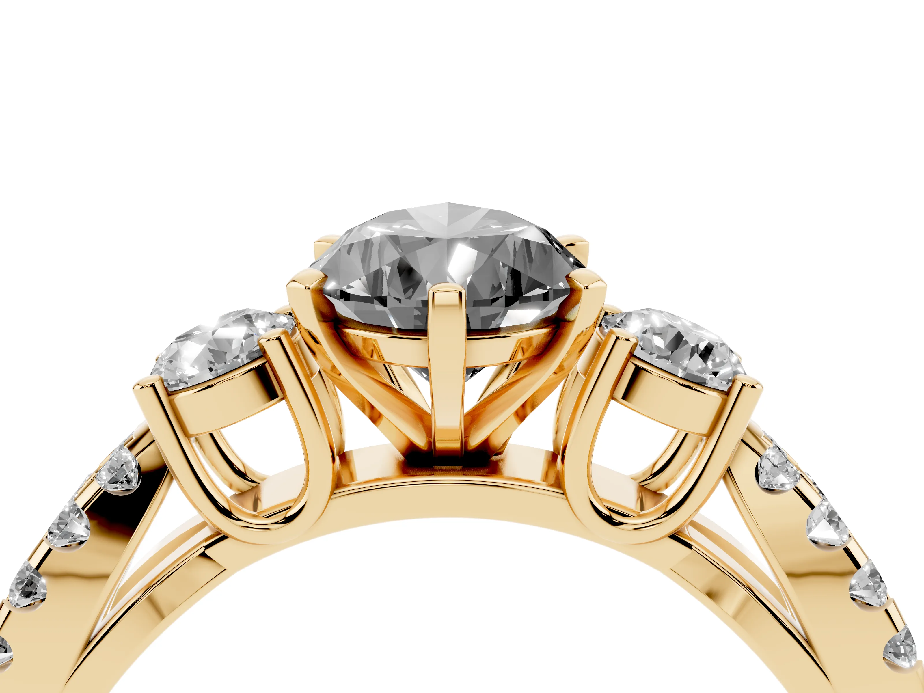 Fancy Black Pear Cut Diamond Three-Stone Ring Set in Yellow gold with Pavé Split Shank and Prong Setting