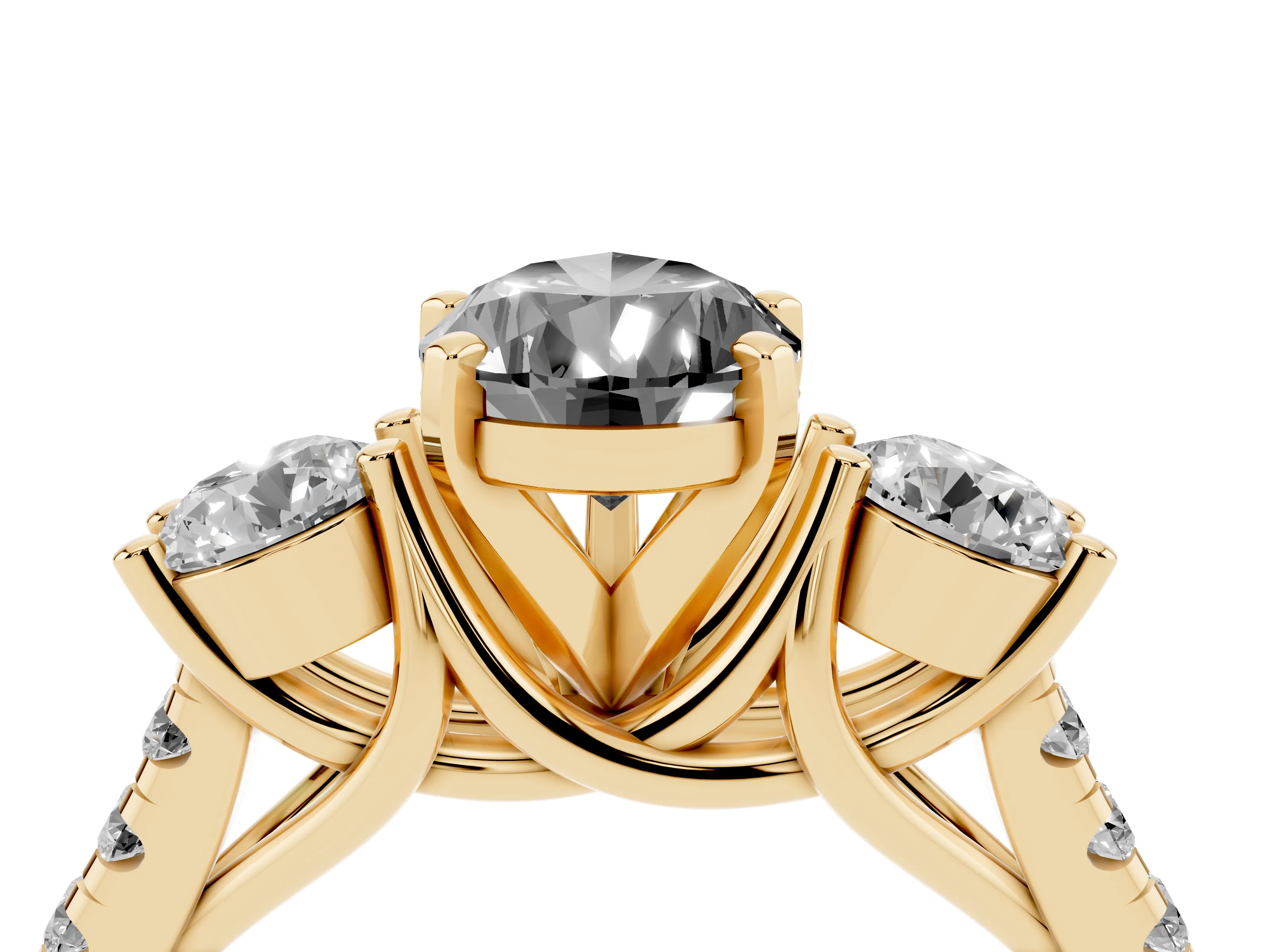 Fancy Black Three-Stone Pear Cut Diamond Pavé Band Ring Set in Yellow gold with Prong-Set Trio