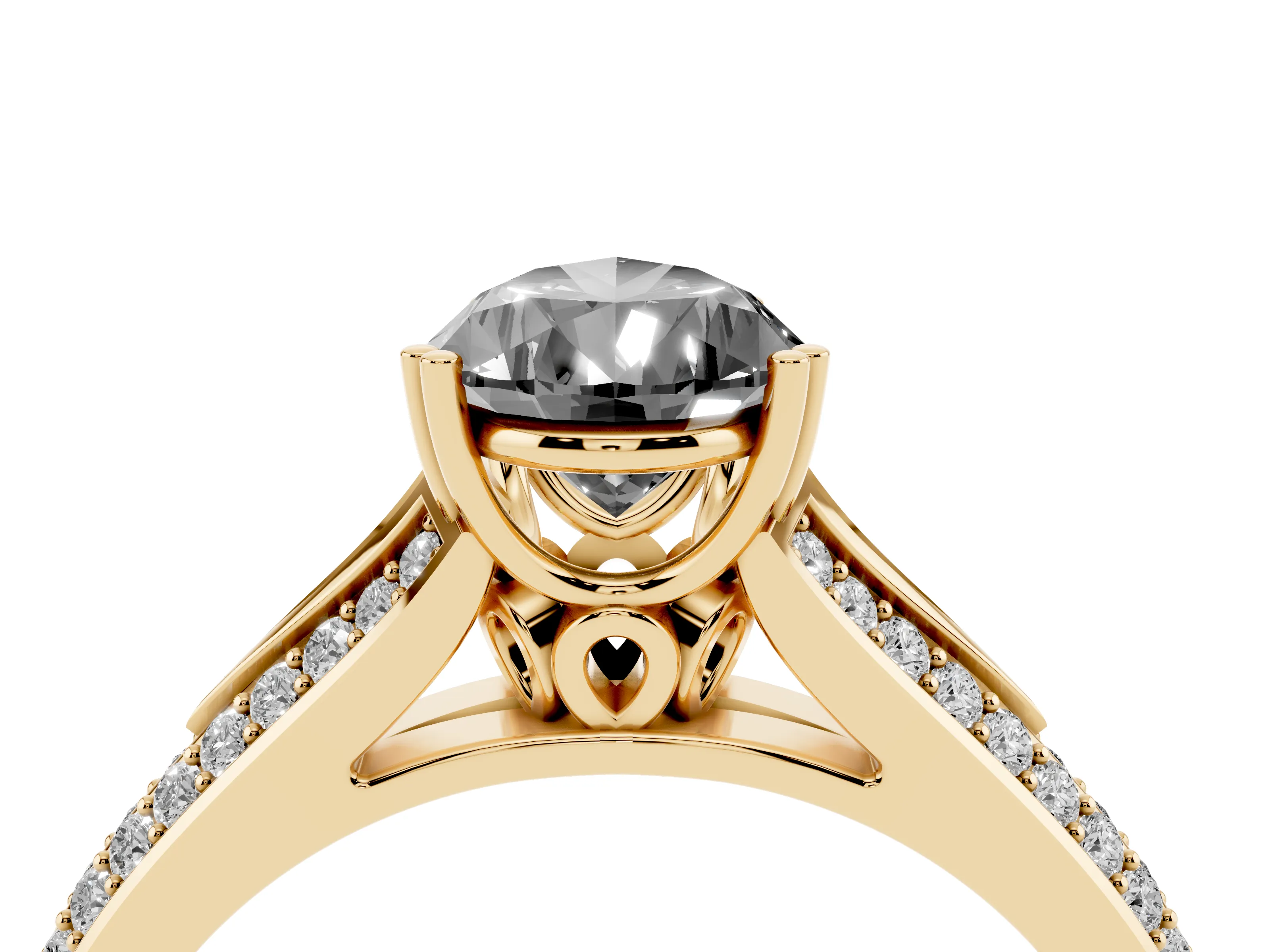 Fancy Black Pear Cut Diamond Split Shank Pavé Engagement Ring Set in Yellow gold with Prong-Set Center Stone