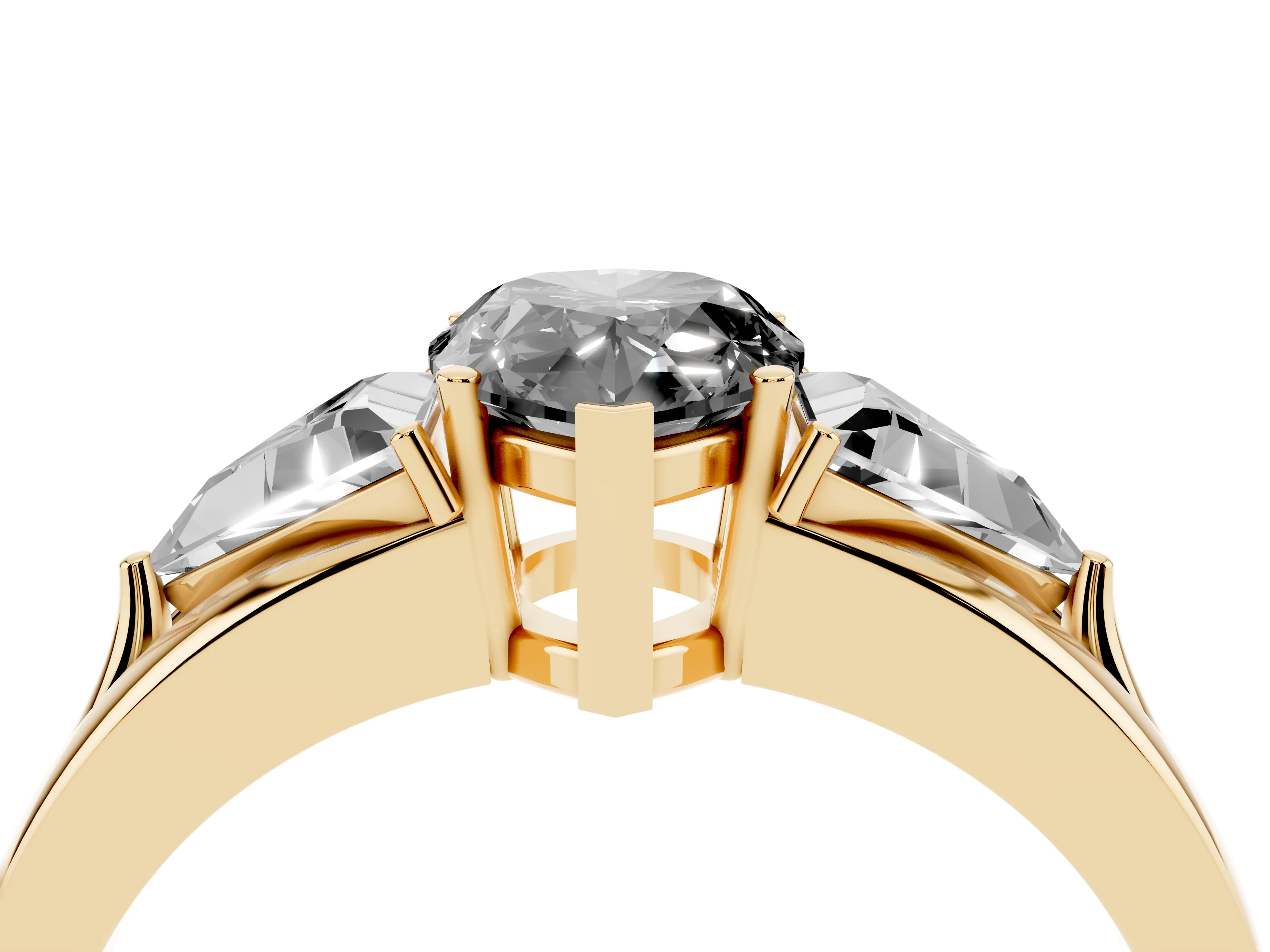 Fancy Black Pear Cut Diamond Three-Stone Ring Set in Yellow gold with Trillion Side Stones and Split Shank