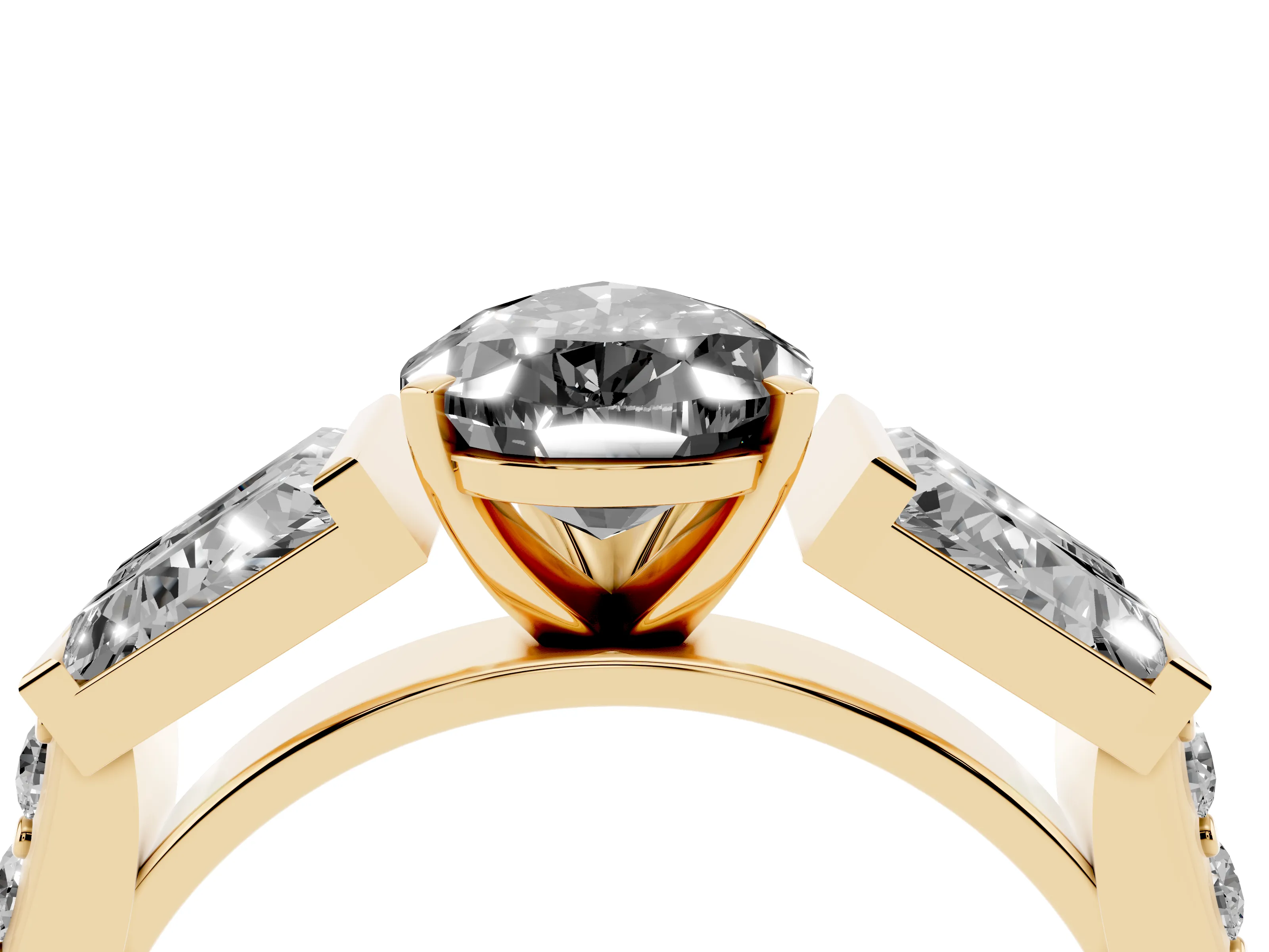 Fancy Black Pear Cut Diamond Engagement Ring Set in Yellow gold with Baguette Side Stones and Channel Set Band