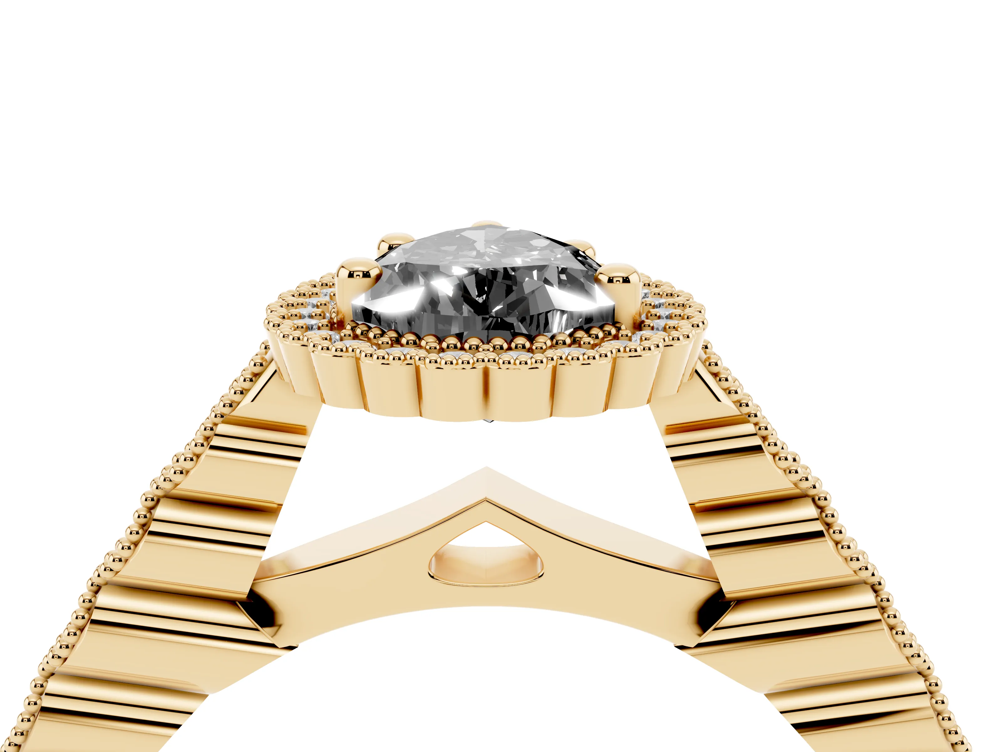 Fancy Black Pear Cut Diamond Halo Ring Set in Yellow gold with Pavé Milgrain Band