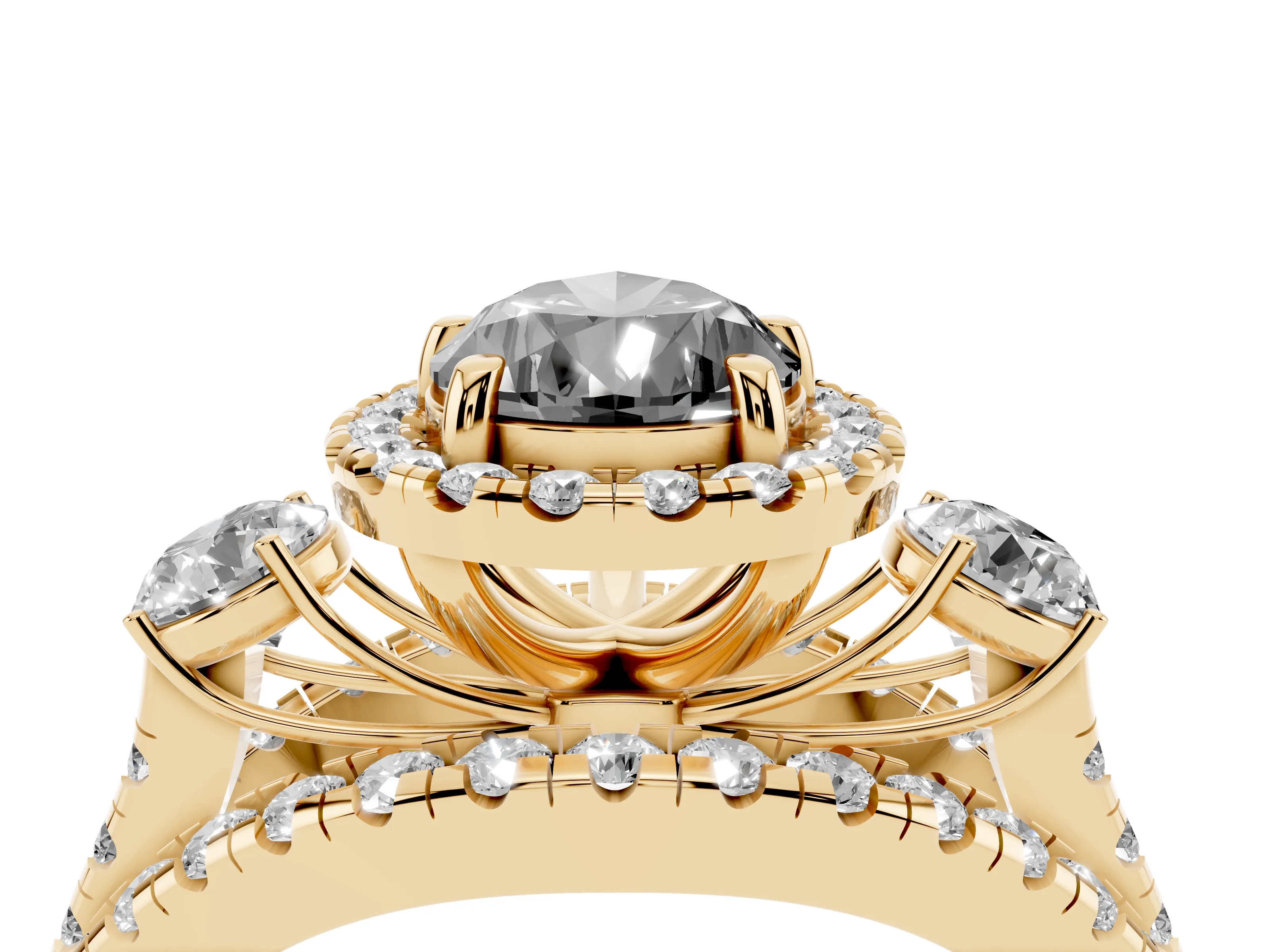 Fancy Black Pear Cut Diamond Halo Split Shank Ring Set in Yellow gold with Round Accent Stones and Prong Setting