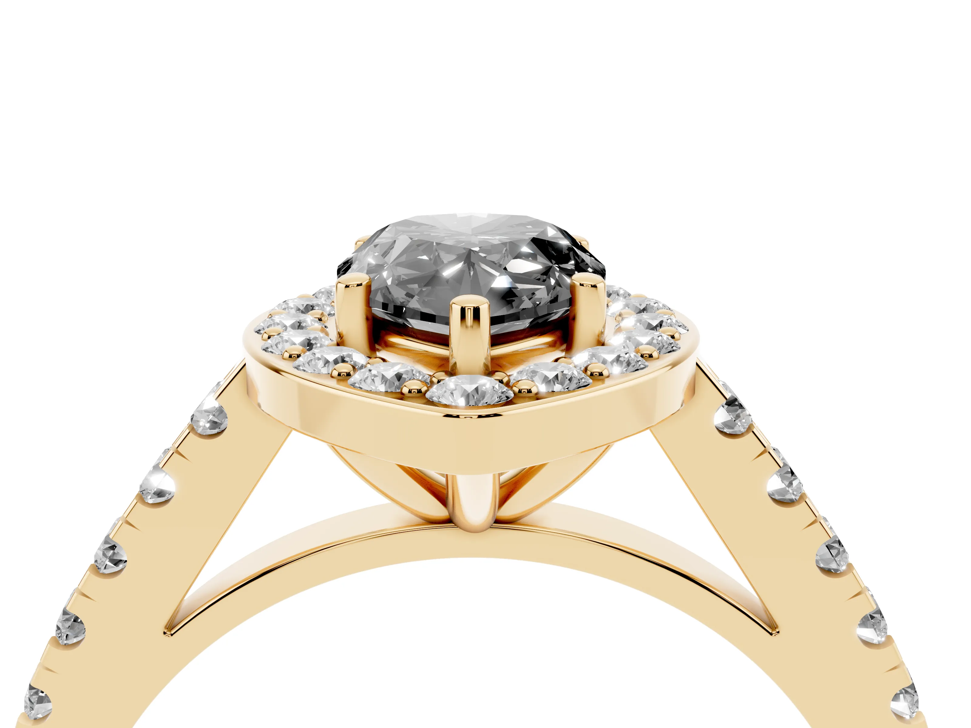 Fancy Black Pear Cut Diamond Halo Ring Set in Yellow gold with Round Pavé Split Shank and Prong Setting